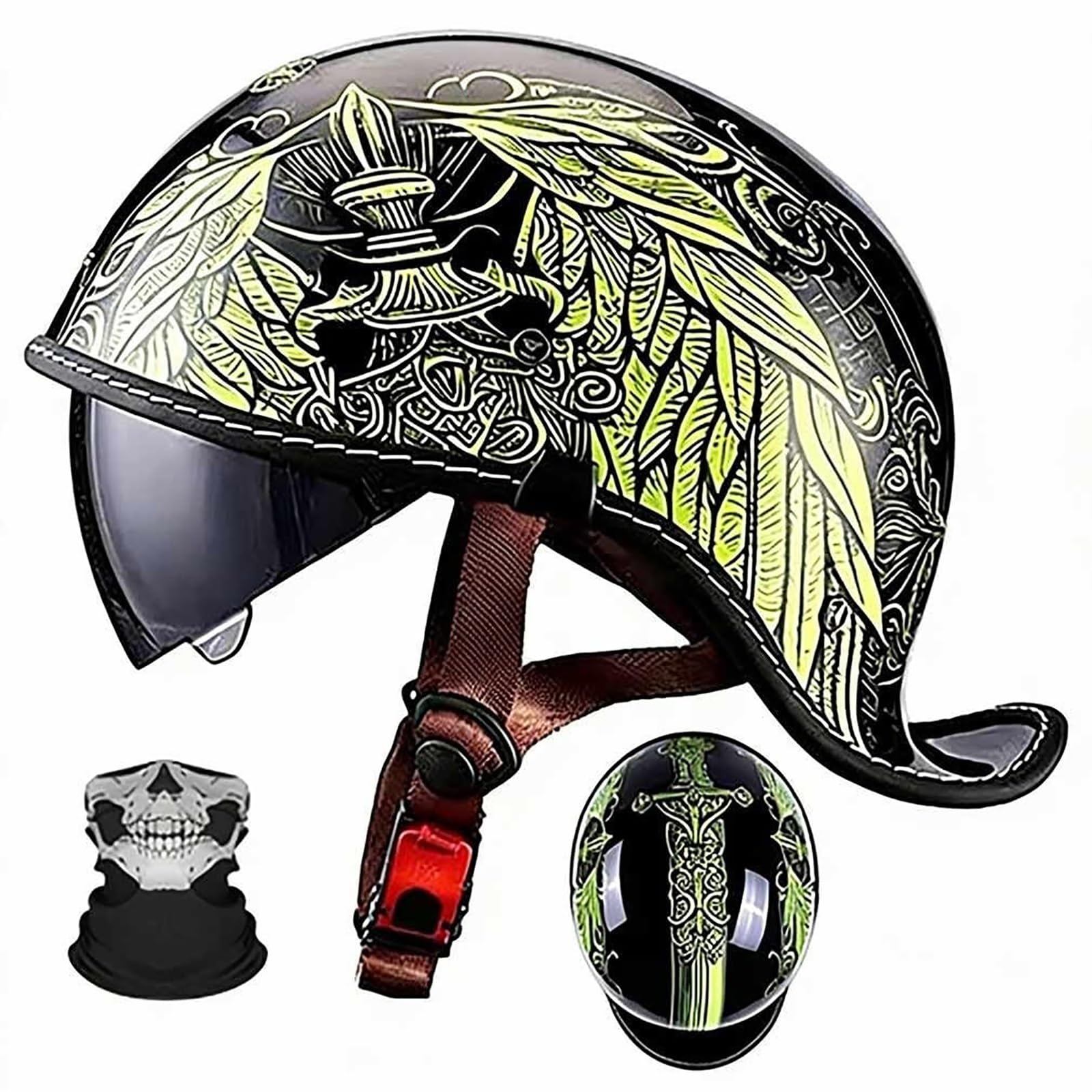 Casco Moto Jet Omologato ECE R22.06 & DOT, Stile Retrò Tedesco Ultra-Leggero con Visiera Parasole, Legale su Strada per Scooter Moped Cruiser, Maschera Inclusa