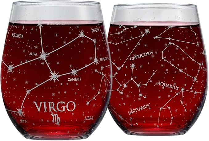 Greenline Goods Virgo Stemless Wine Glasses Zodiac Virgo Set Hand Etched 15 oz (Set of 2) - Astrology Sign Glassware
