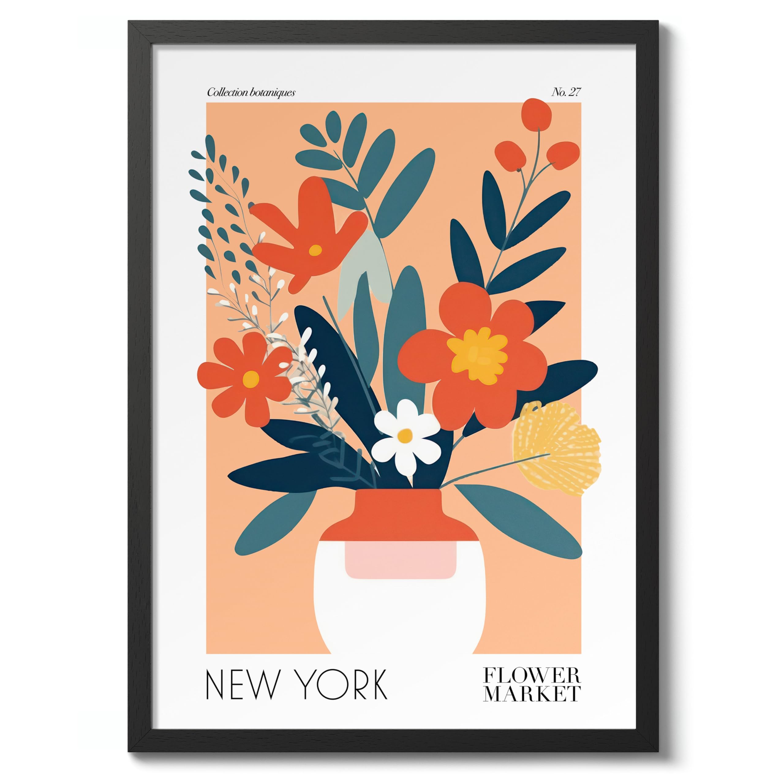 New York Flower Market Poster Floral Wall Decor Print Abstract Colourful Minimalist Travel Bedroom Art, Archival Matte, 50x70cm (Black Frame) - 50x70cm