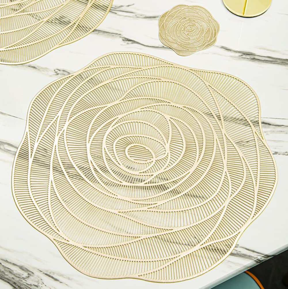 PVC Placemats Sets, Placemats Round Placemat PVC Placemats Round Placemats Waterproof Oilproof Table Placemats (6 Pack, Gold)