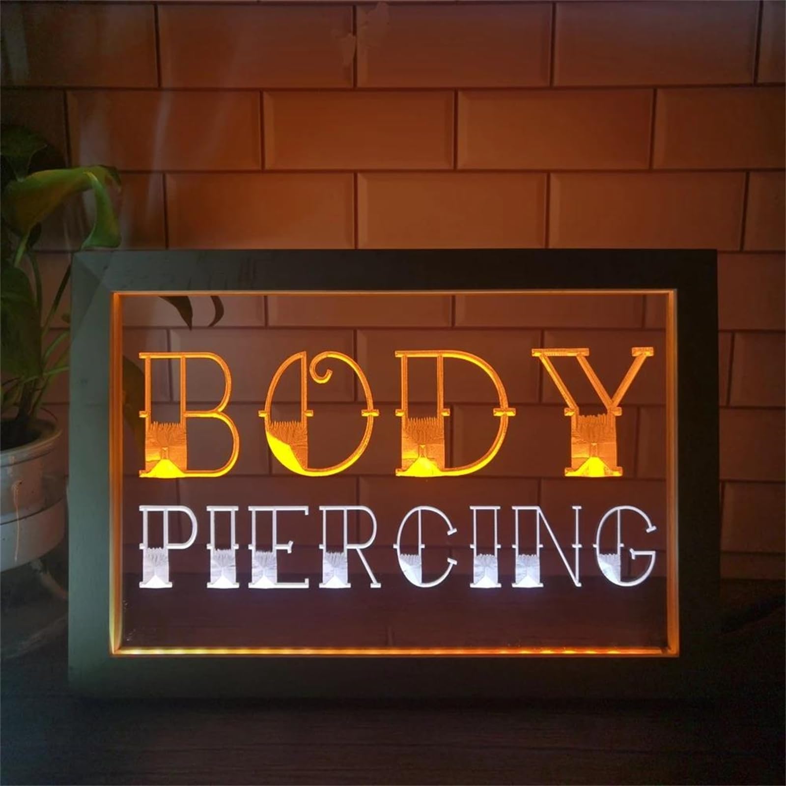 Insegne al neon a LED per piercing sul corpo, luci al neon USB personalizzate con struttura in legno, per la decorazione dell'oscuramento del salone di piercing per tatuaggi,White orange,42x32cm
