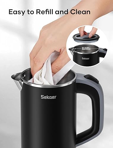 Miniatura 8 de Sekaer Pequeña tetera eléctrica de acero inoxidable de 0.8 L, portátil, para viaje, hervidor de agua caliente, mini tetera eléctrica con apagado