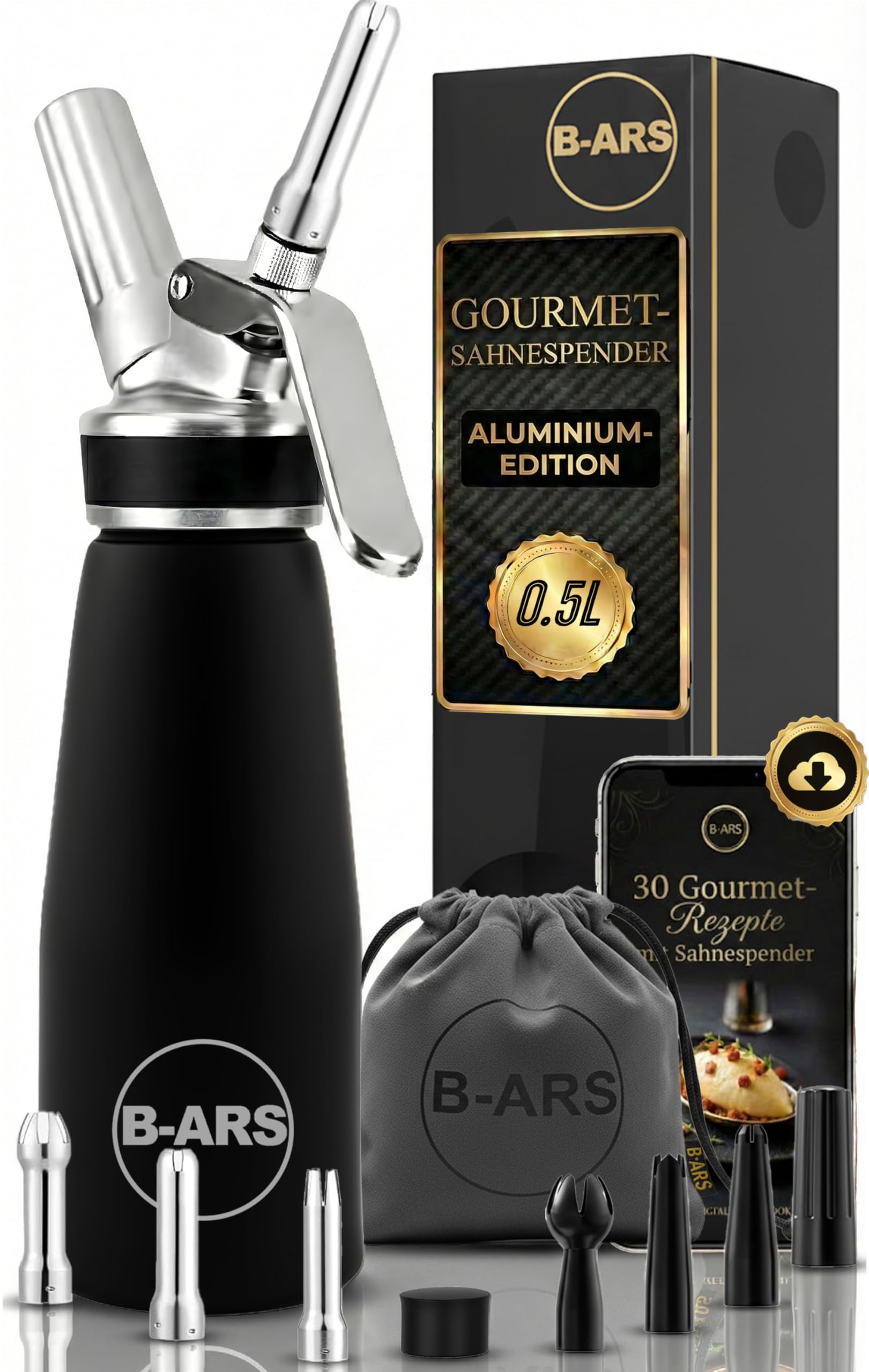 B-ARS Sahnespender 500ml Aluminium Schwarz, Sahnesyphon für Schaum