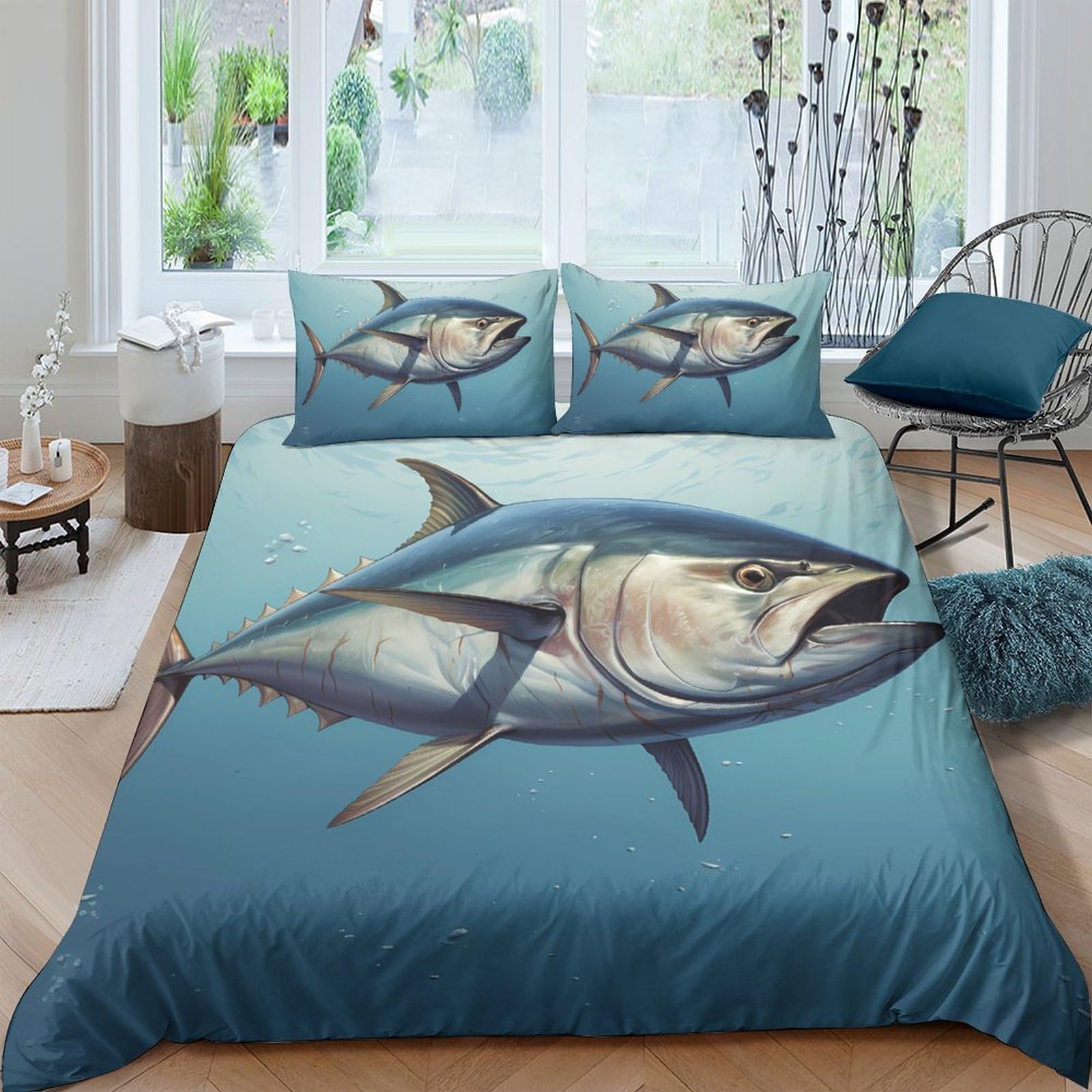 GPLZQXKJNH 3D Printed Shark Ocean Duvet Cover Microfiber Soft Blue Fish Bedding Set with 2 Pillowcases for Bedroom Decor Single（135x200cm）