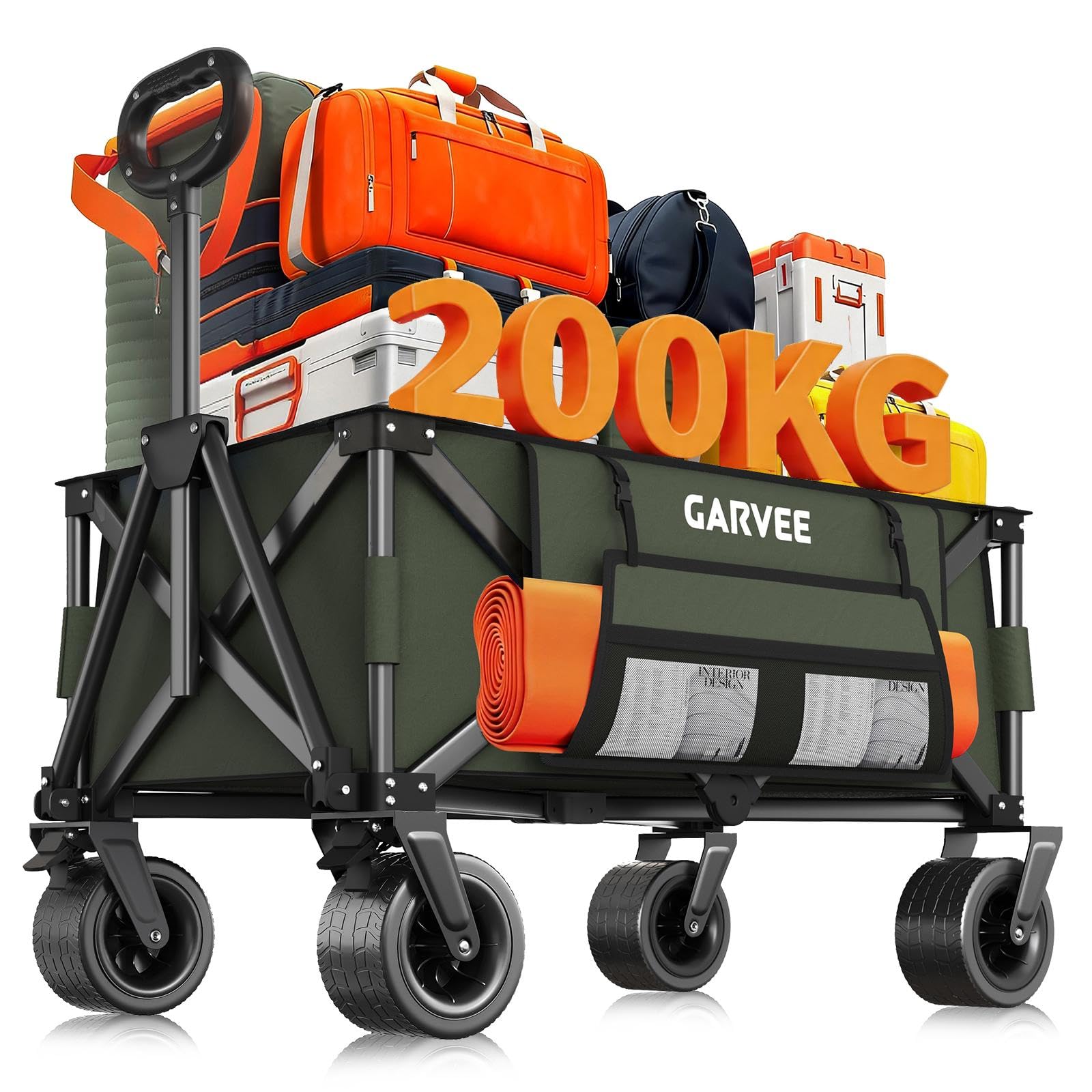 Bollerwagen Faltbar Mit 200kg Belastbarkeit & 200L Volumen, Klappbarer Transportwagen Mit Bremsen & 20cm Offroad-Rädern, Handwagen Mit Seitentaschen Für Strand, Camping, Garten, Einkäufe