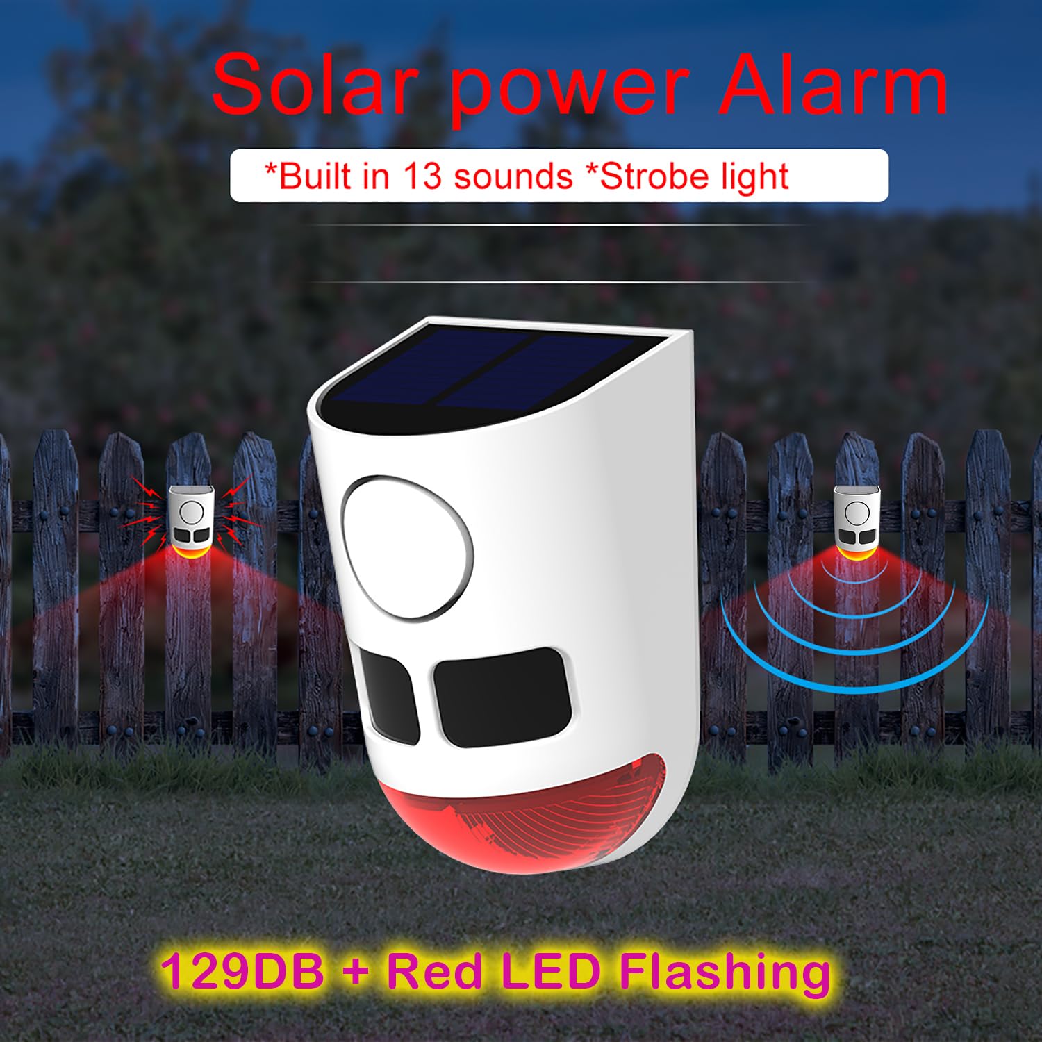 Alarma solar exterior con sonido y luz, 129 dB, sensor de movimiento infrarrojo con función disuasoria, 13 tonos diferentes con luces de advertencia de seguridad intermitentes rojas (2 unidades