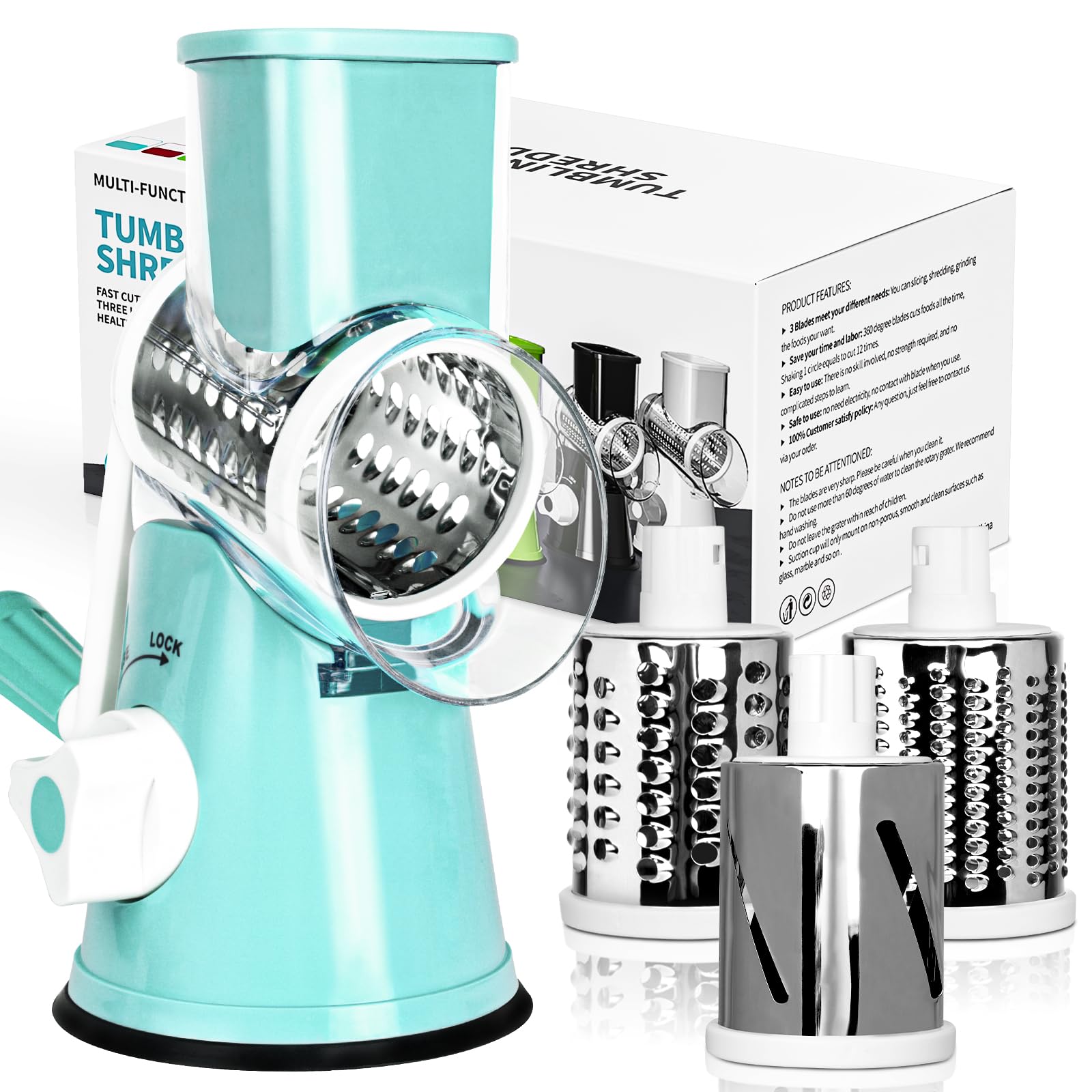 X Home Rotary Cheese Grater for Kitchen, Shredder with 3 Interchangeable Blades, Rotary Grater with Handle and Strong Suction Base, for Vegetables, Fruit, Nuts, Easy to Use and Clean, Blue