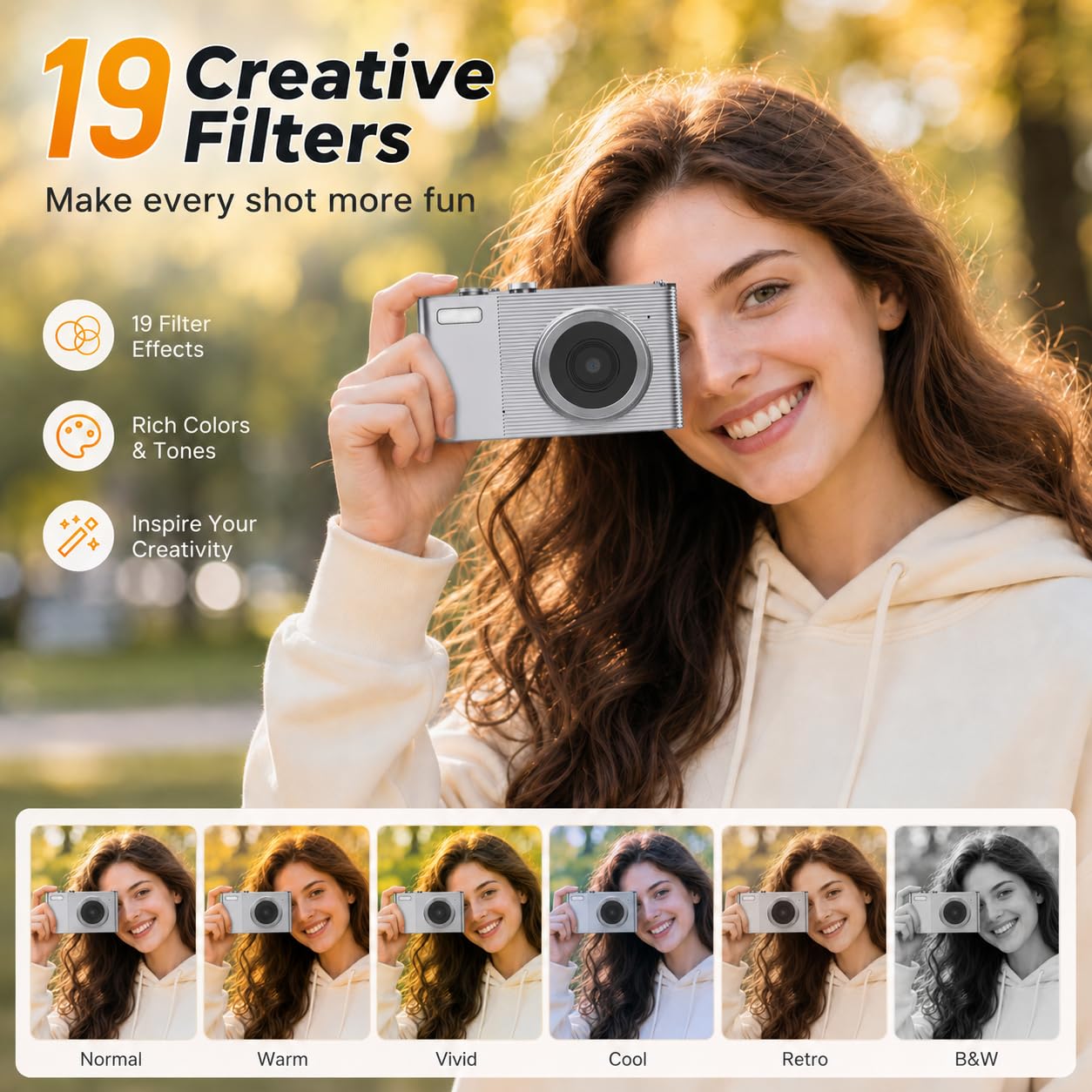 Fotocamera digitale per fotografia, fotocamera 4K 72MP Vlogging, autofocus Point and Shoot fotocamera digitale per adolescenti adulti principianti zoom 16x, scheda 32 GB, argento