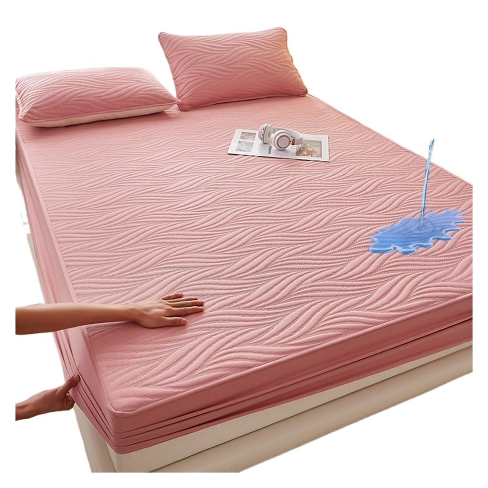 Funda de colchón Impermeable y Gruesa, Acolchada algodón, Funda Cama, Almohadilla, sábana Ajustable Agradable for la Piel, Protector para Cama(Pink,Twin 39x75x12in)