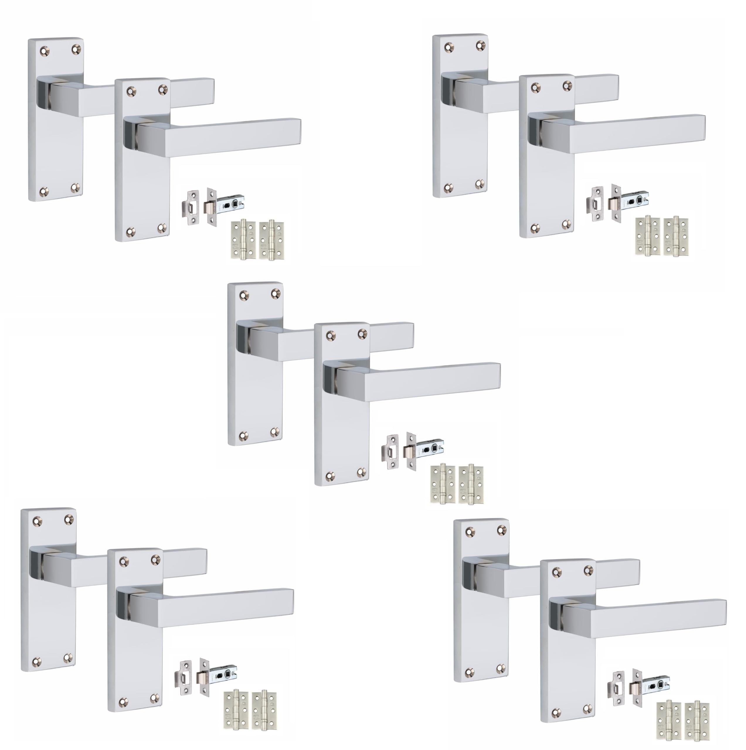 Golden Grace5 Set of Victorian Straight Delta Handle Latch Door Handles Polished Chrome with 1 Pair of 3" Ball Bearing Hinges & Latches Pack Sets 120mm x 40mm Backplate