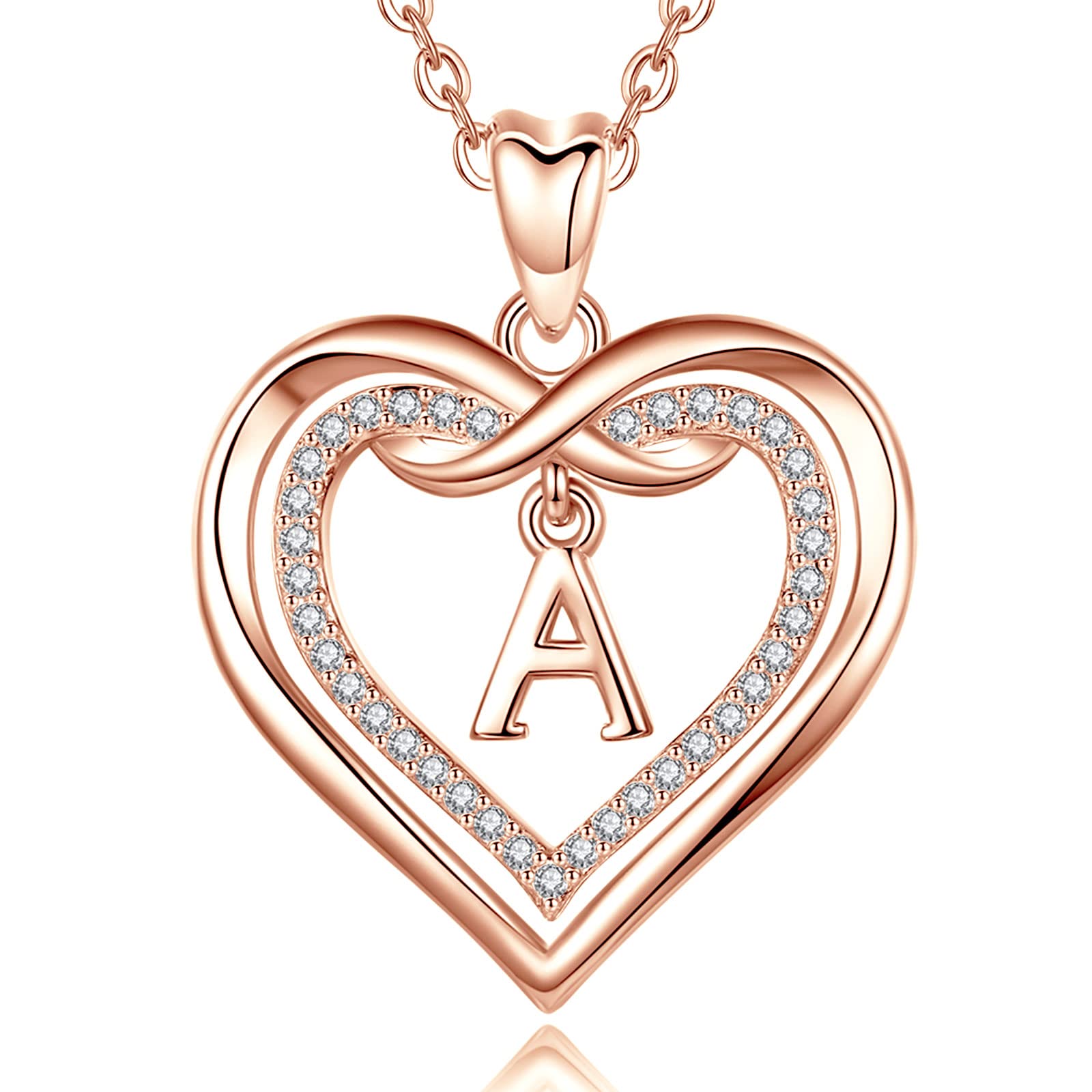 AEONSLOVE Collar Inicial Corazón para Mujer Colgante Nombre Personalizado con Cubic Zirconia Collar Letra Cobre Bañado en Oro Rosa, Cadena de 50,8 CM
