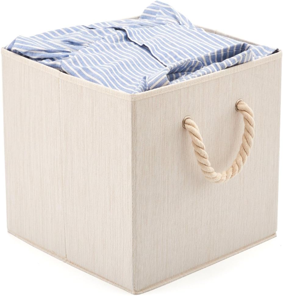 EZOWare Foldable Bamboo Fabric Storage Bin with Cotton Rope Handle, Collapsible Resistant Basket Box Organizer for Shelves, Closet, and More (Set of 2, Beige)