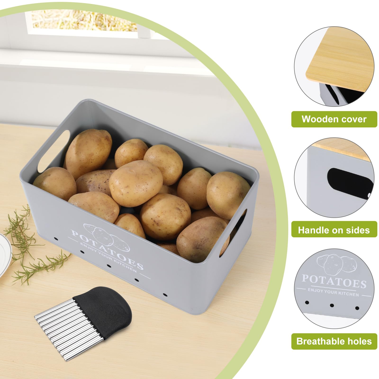 Küche Gemüse Aufbewahrung Set 3 Stück Metall Zwiebeln Knoblauch Kartoffel Aufbewahrungs-Set Küche Kanister Gemüse Behälter Behälter mit Belüftungslöchern und Holzdeckel (Grau)