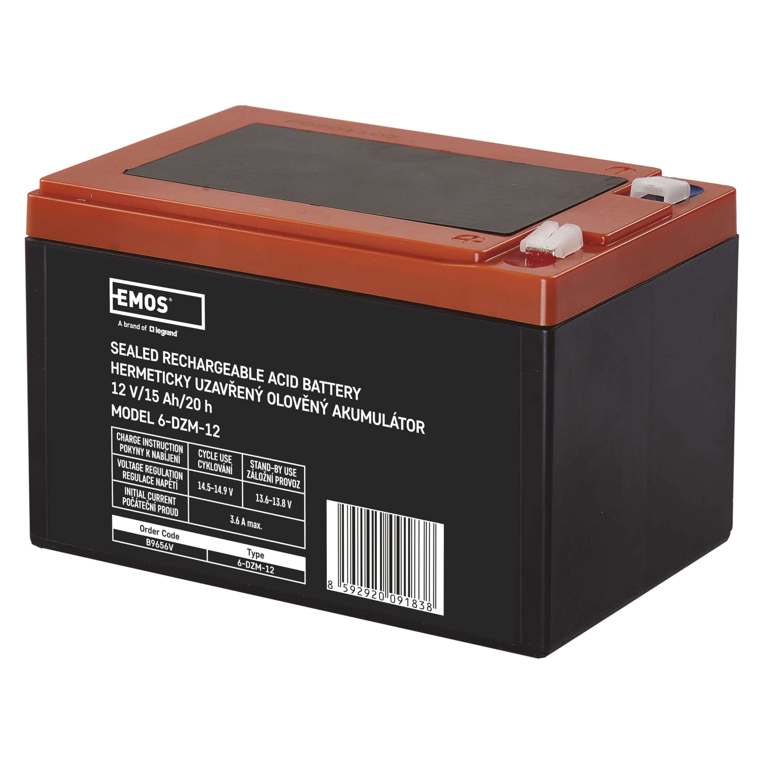 EMOS - Wartungsfreier Bleiakku - 12V 15Ah - AGM Batterie - Faston 6,3mm Anschluss - Für Elektromotore, Handhabungstechnik, Gabelstapler, medizinische Bette, Reha-Bereich - Zyklenfest - 150x100x102mm
