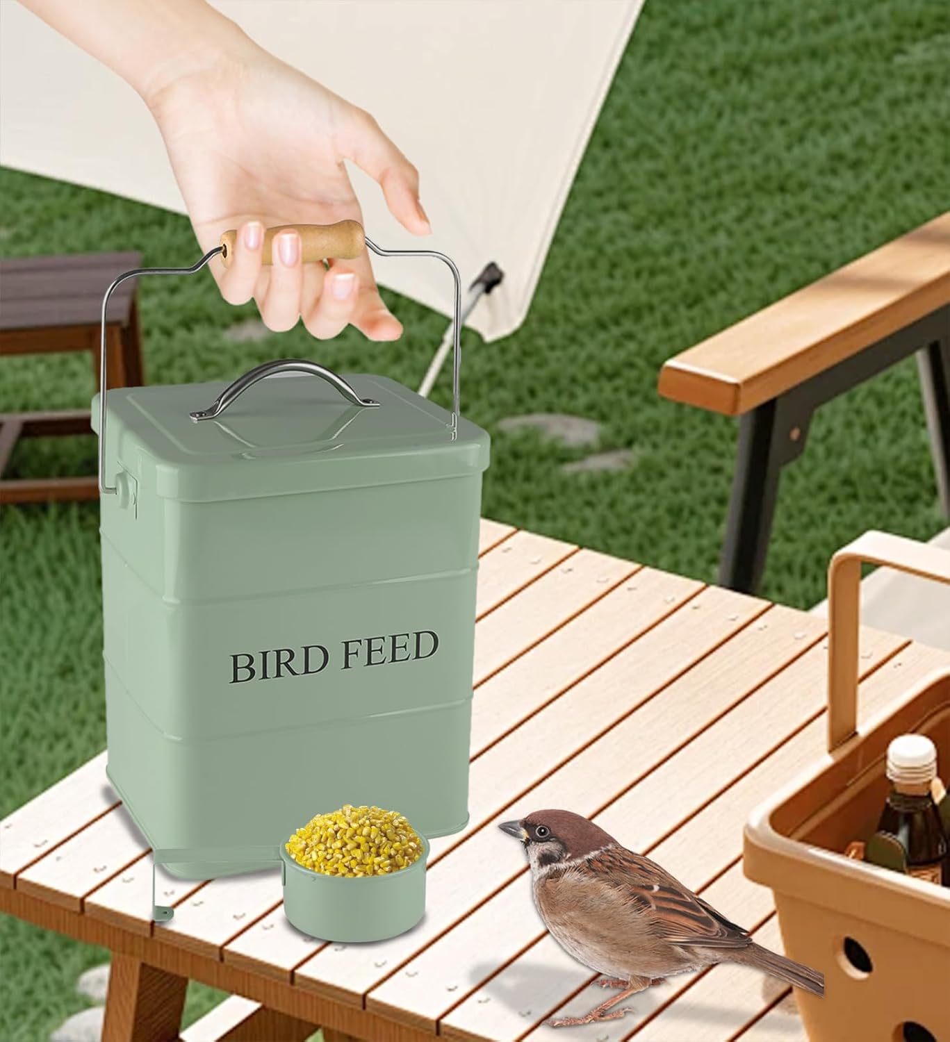 Morezi Bird seed and feed storage tin with lid Included Green-coated Metal Tight Fitting Lids - storage canister tins