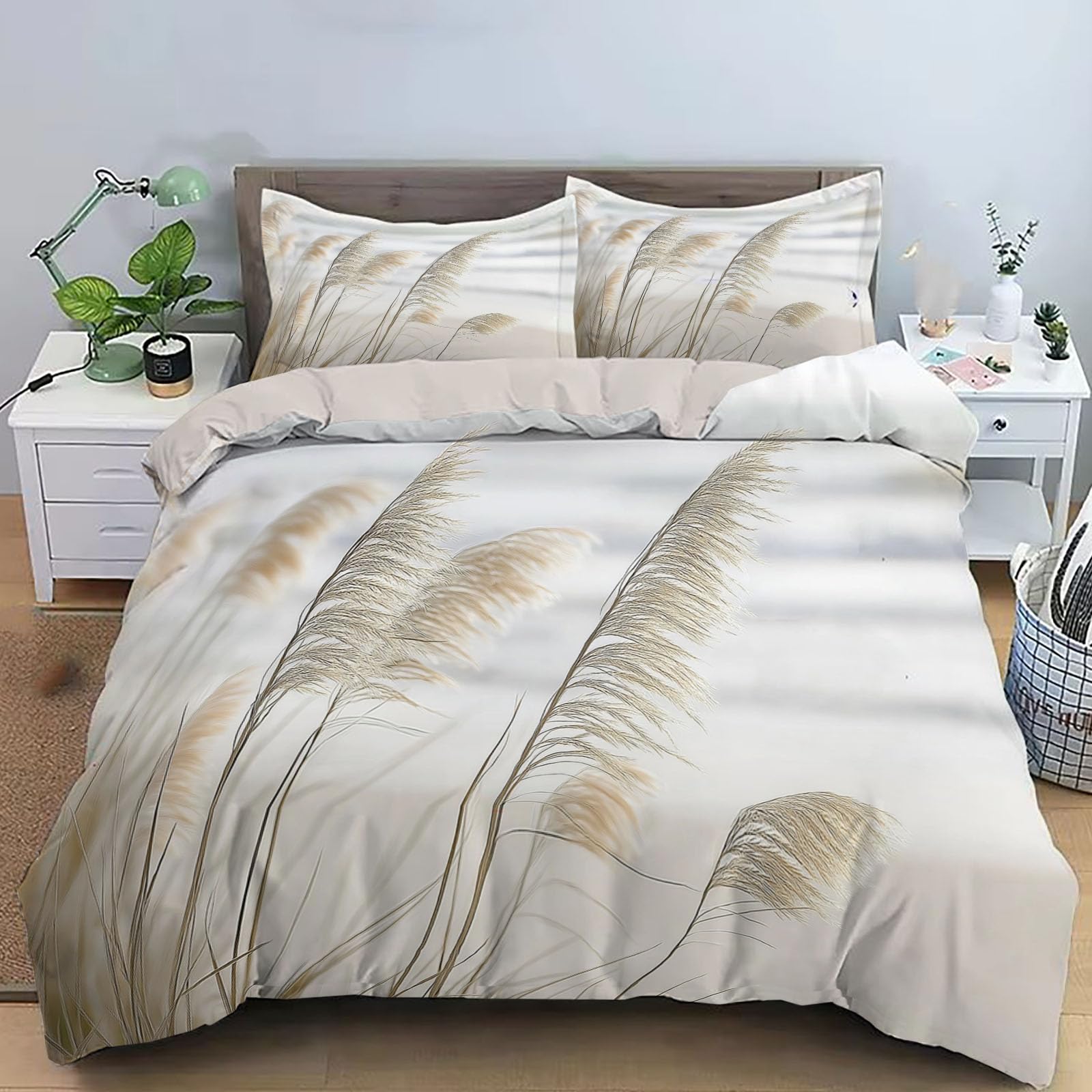 Juego de Funda Nórdica 150x220cm 3 Piezas para Cama, Playa Hierba Microfibra de Poliéster Suave Transpirable Naturaleza Plantas, Incluido 1 Funda Edredón y 2 Fundas de Almohada, Beige