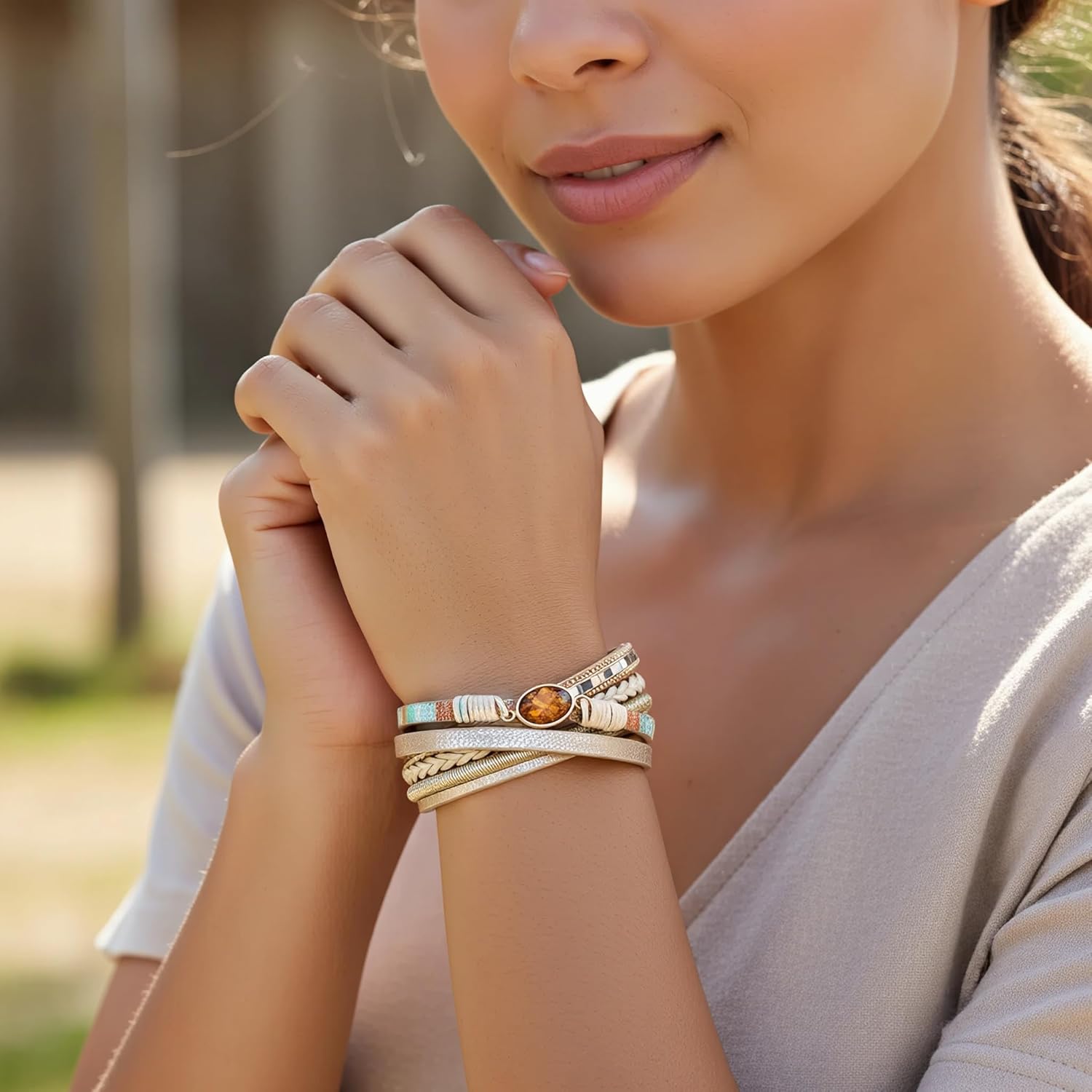 Edoneery Leather Wrap Bracelet for Women, Boho Handmade Multi-Layer Cuff with Crystal Beads Heart, Stackable Bangle Western Jewelry Gift - Image 6