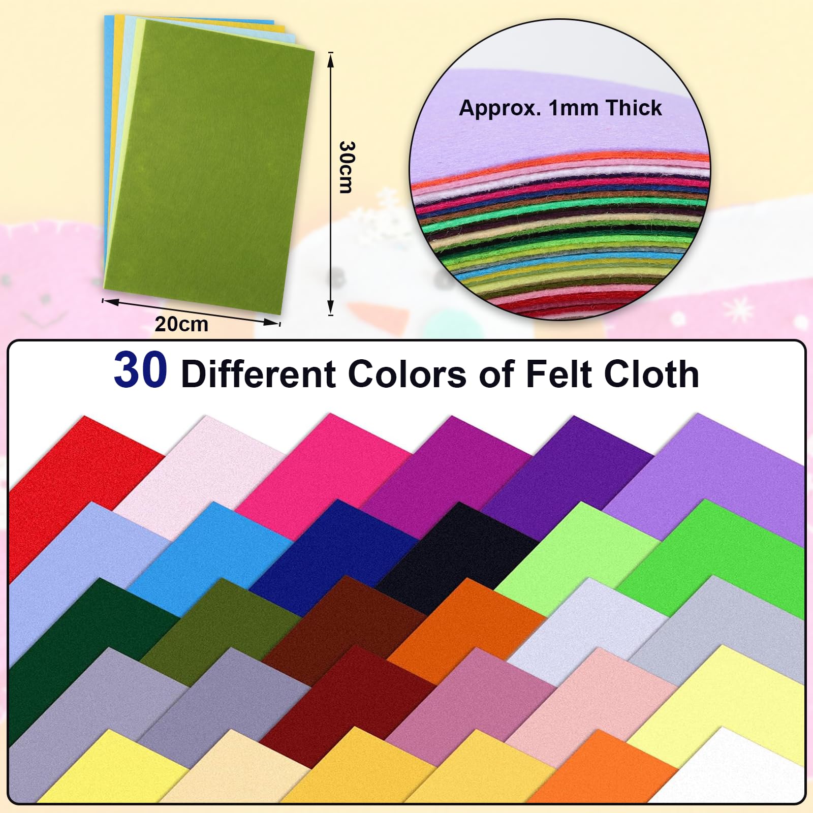 Set 30 Fogli Feltro Colorati - 20x30cm, Per Artigianato, DIY, Cucito Creativo - Foto 8