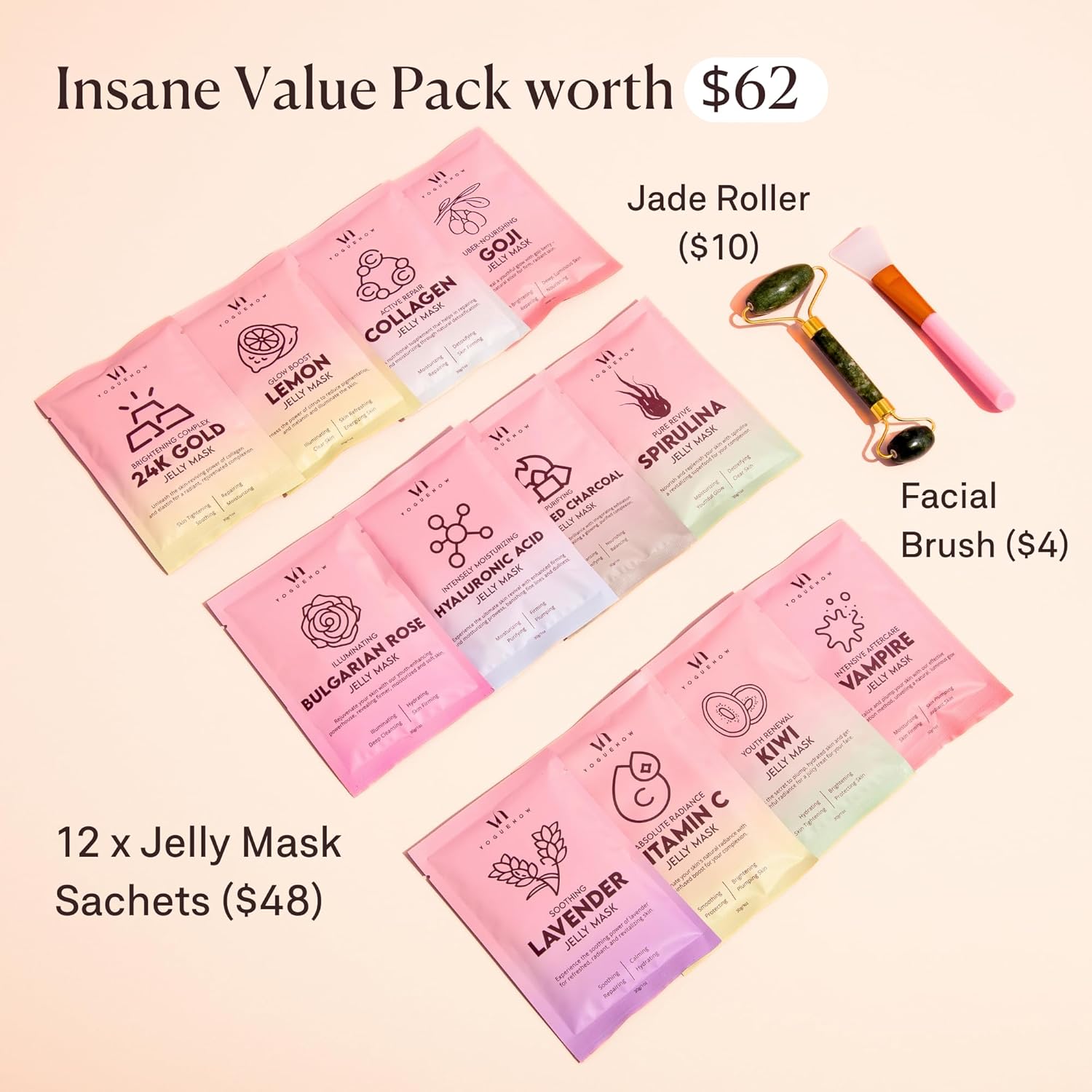 Jelly Mask for Facials - 12 Flavors Hydrating & Brightening Jelly Face Masks | Free Jade Roller & Spatula | Bulgarian Rose, Lavender, Hyaluronic Acid, 24K Gold face mask skin care |Vajacial Jelly Mask