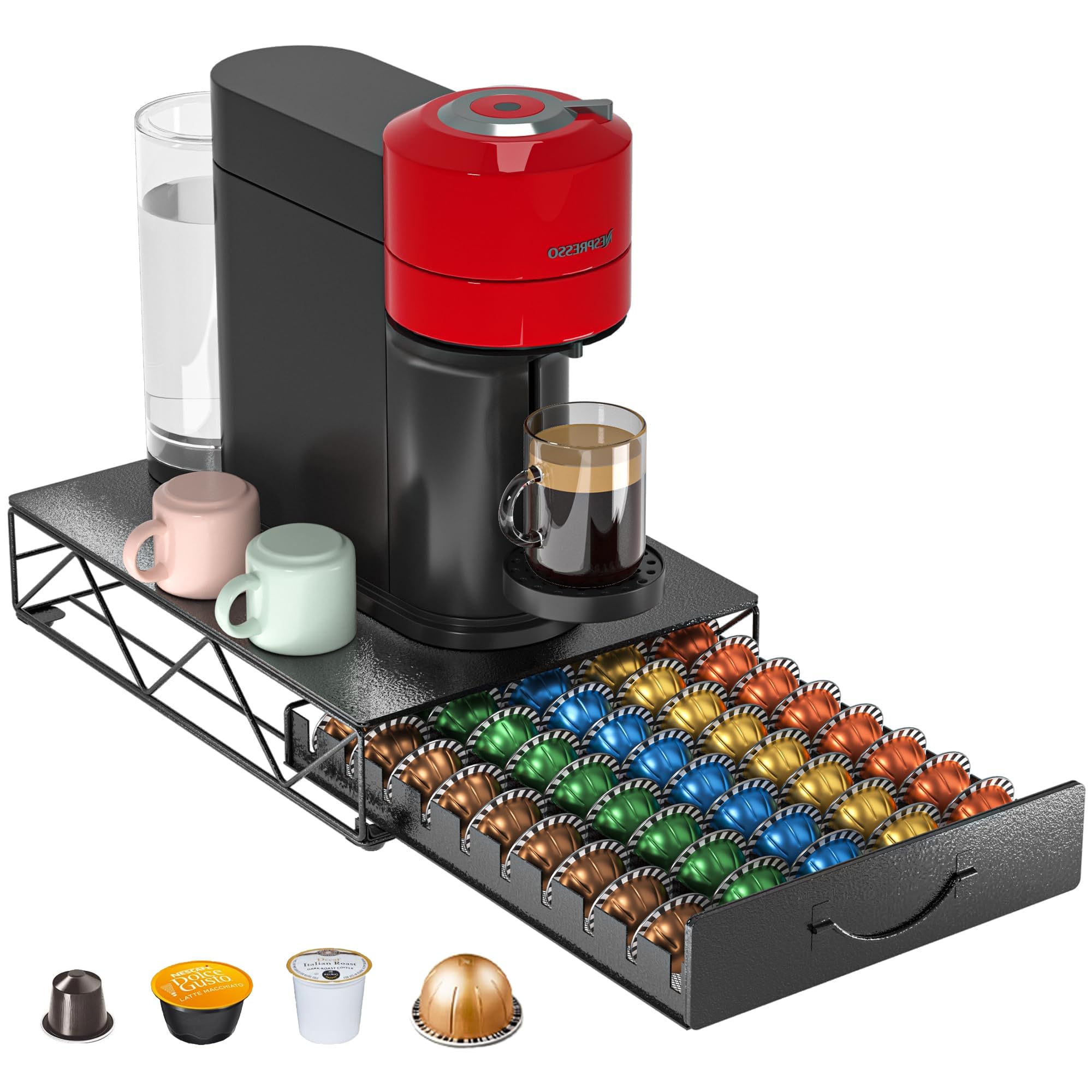 Kaffee Kapselhalter für 50 Nespresso Vertuo Kapseln & Dolce Gusto, Rutschfester & Leiser Kapselspender für VertuoLine Kapsel, Metall Kapselschublade auch Nespresso Maschine Ständer