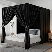 YRDKB Black Queen Canopy Bed Curtains - Lightproof Breathable 4 Corner Post Drapes for Cozy Private Sleep