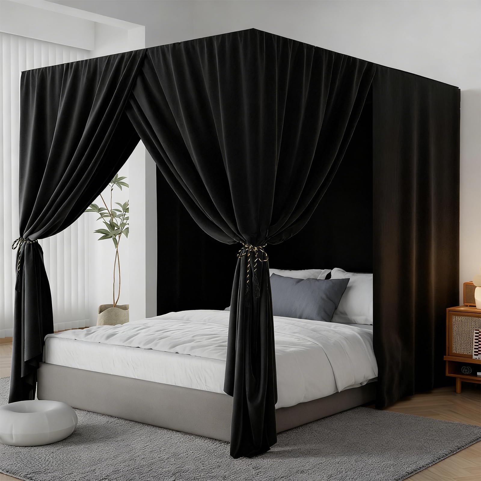 Yrdkb Women's Black Canopy Bed Curtains - 4 Corner Post Bed Curtains Queen Lightproof Siamesed Drapes Bed Canopy For Adults & Girls Bedroom Decoration(,Queen)