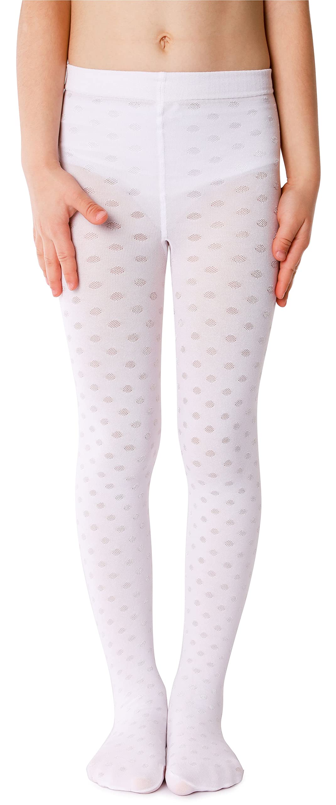 NOQ Girls Tights with 3D Effect Pattern Plain Dance Gymnastic School Pantyhose Fancy Outfit Little Princess, Dominica Bianco 4-5 years (104-110 cm)