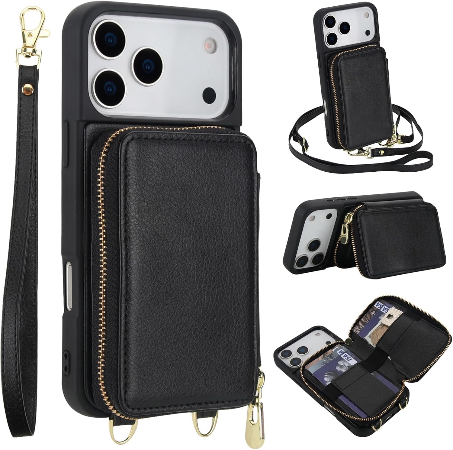 Crossbody Wallet Case for iPhone17 ProMax 6.9",RFID Blocking PU Leather Zipper Phone Case Bag Flip Folio Cover with Card Slots,Wrist Strap Lanyard (Black, iPhone 17 Pro 6.3'', iPhone 17 Pro Max)