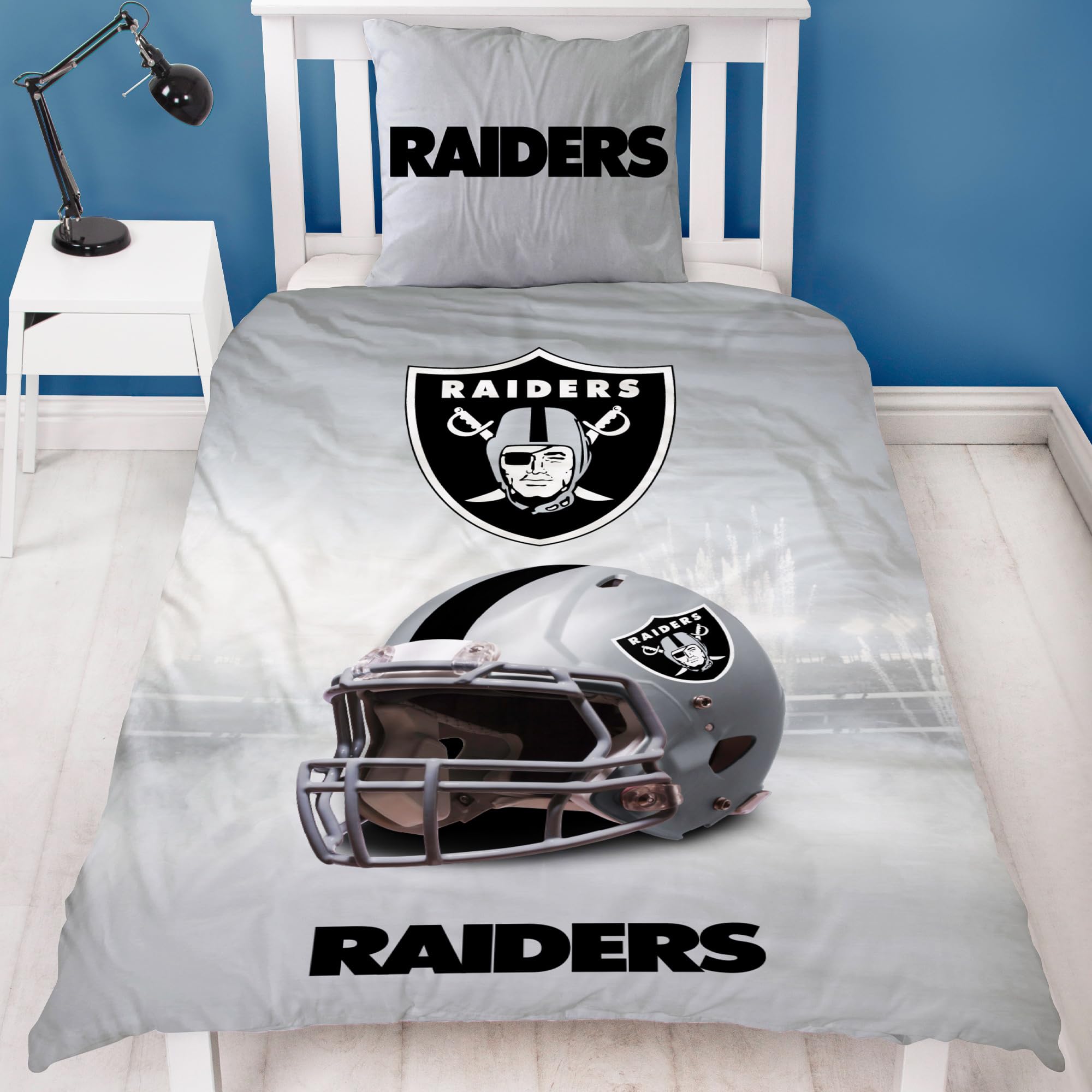 BERONAGE NFL Bettwäsche Las Vegas Raiders 135 x 200 cm + 80 x 80 cm 100% Baumwolle Renforcé-Linon-Qualität Reißverschluss American Football Fan Super Bowl Allegiant Rusher Wende-Bezug deutsche Größe