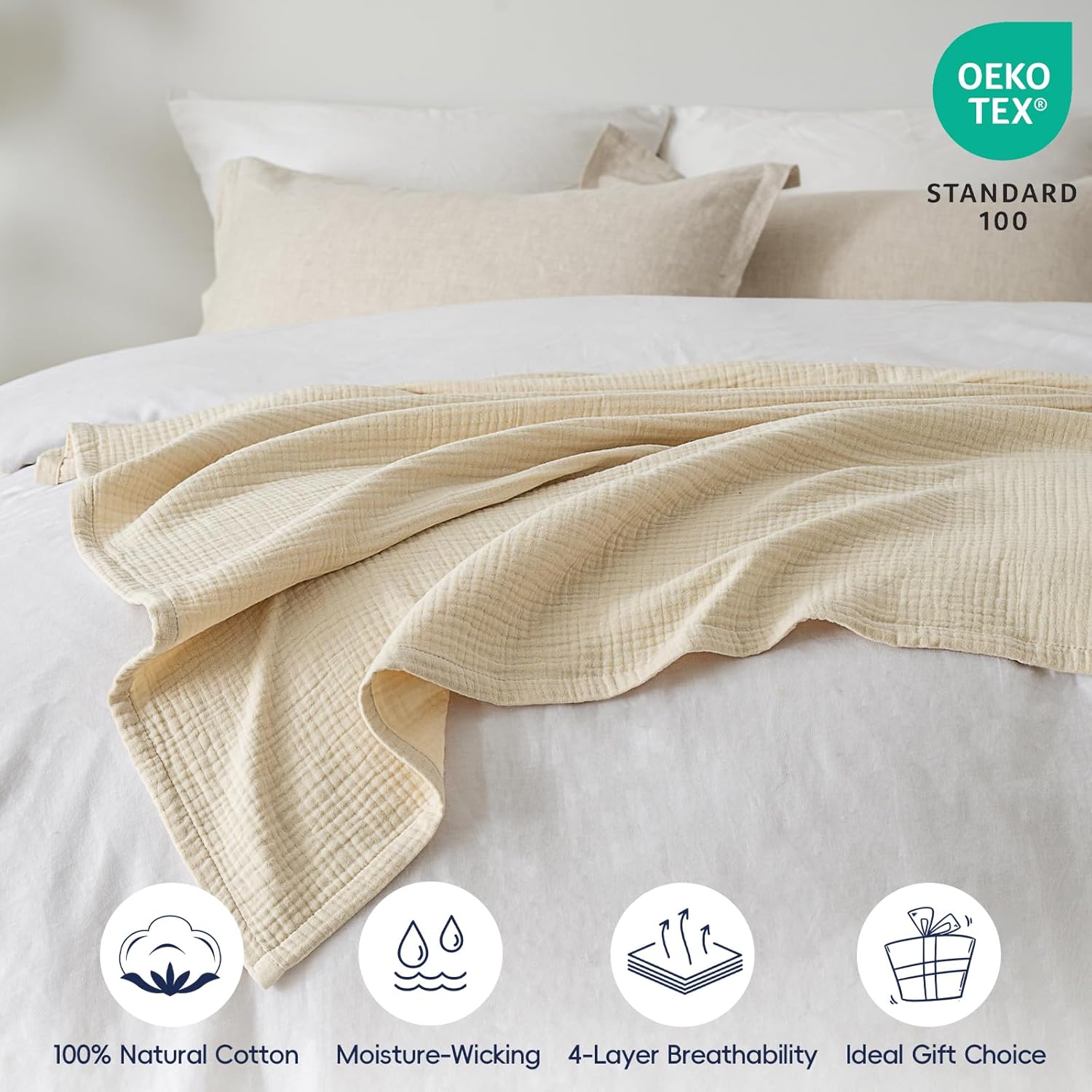 PHF 100% Cotton Muslin Throw Blanket 50" x 60", 4-Layer Lightweight Gauze Throw, Breathable Cloud-Soft Minimalist Blanket for Bed, Couch, Camping & Baby, Beige/Short Bread, Ideal Gift - Image 4