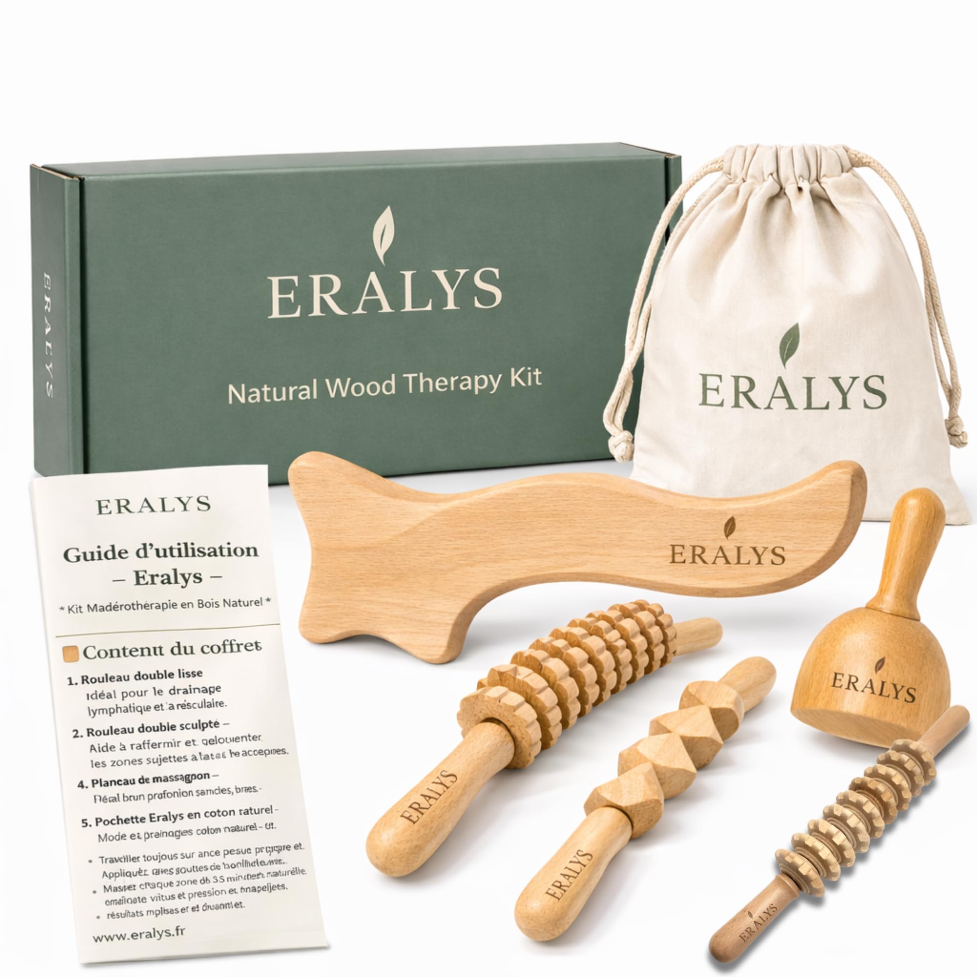 ERÁLYS Kit de Maderothérapie en Bois – 5 Outils Massage Anti-Cellulite | Drainage Lymphatique & Raffermissant | Remodelage du Corps & Jambes – Massage Maison Naturel