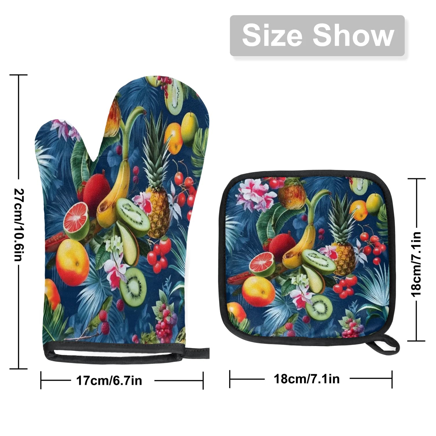 Banana Kiwi Pineapple Oven Mitts Kitchen Oven Gloves for Cooking Baking Heat Proof Lining Cotton Kitchen Potholder Mittens Pot Holders Hot Pads for Chef Women Men