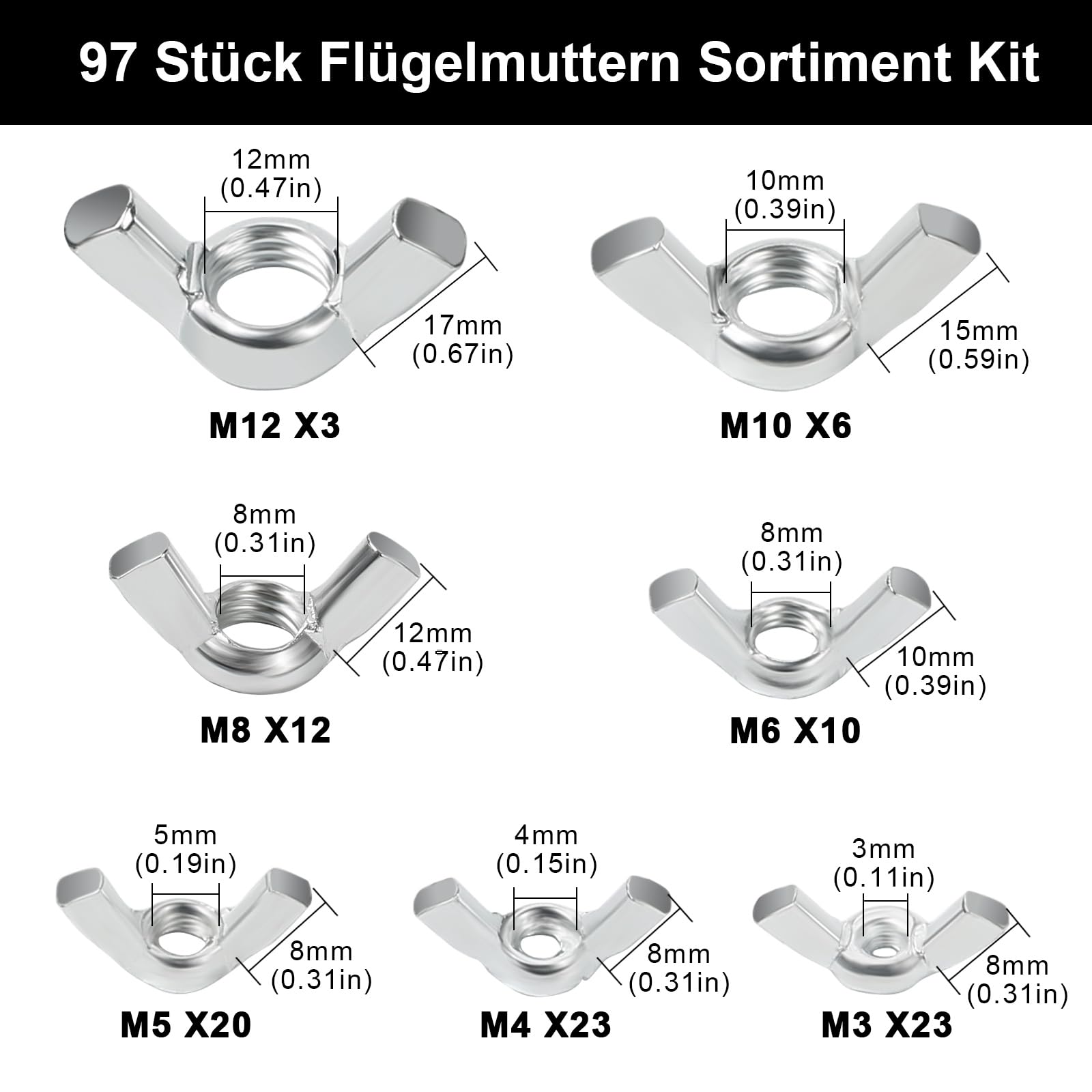 Nadinsta 97pcs Metric Butterfly Wing Nuts Assorted, Wing Nuts Assortment Kit M3/M4/M5/M6/M8/M10/M12 - Image 2