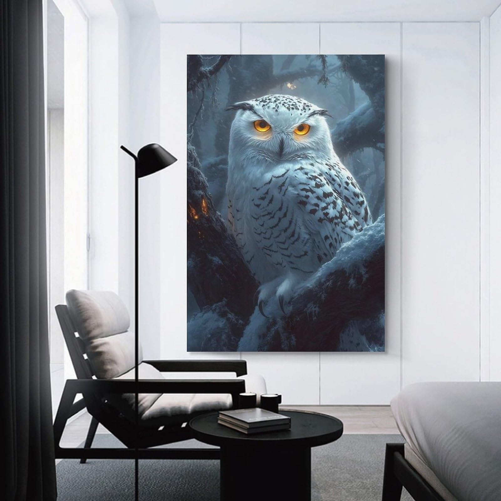 Snowy Owl in Winter Forest Poster, Picture, Metal Print, Paint by Shakes Decorative Wall Artwork, 12x18inch(30x45cm), for Corridors, Hallways Or Apartment Entries, Home Artwork for First Impressions