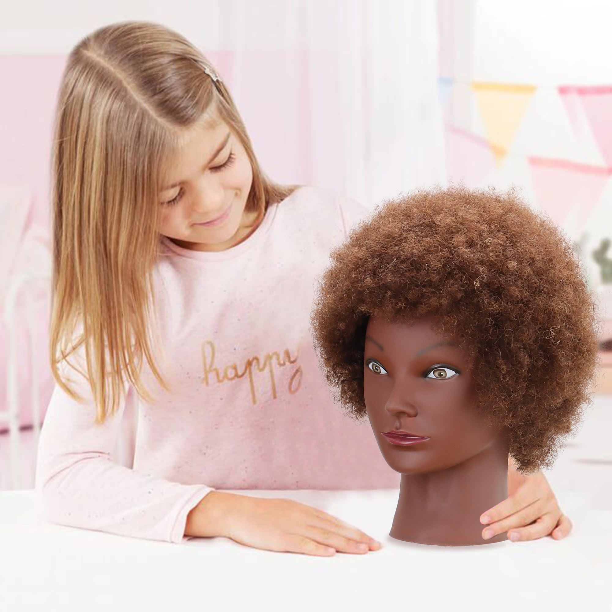 Afro-Puppenkopf mit gelocktem Kopf, 100 % Echthaar, 25,4 cm, für Friseure, Flechten, Üben, Haarstyling, mit Klemmhalter, Braun