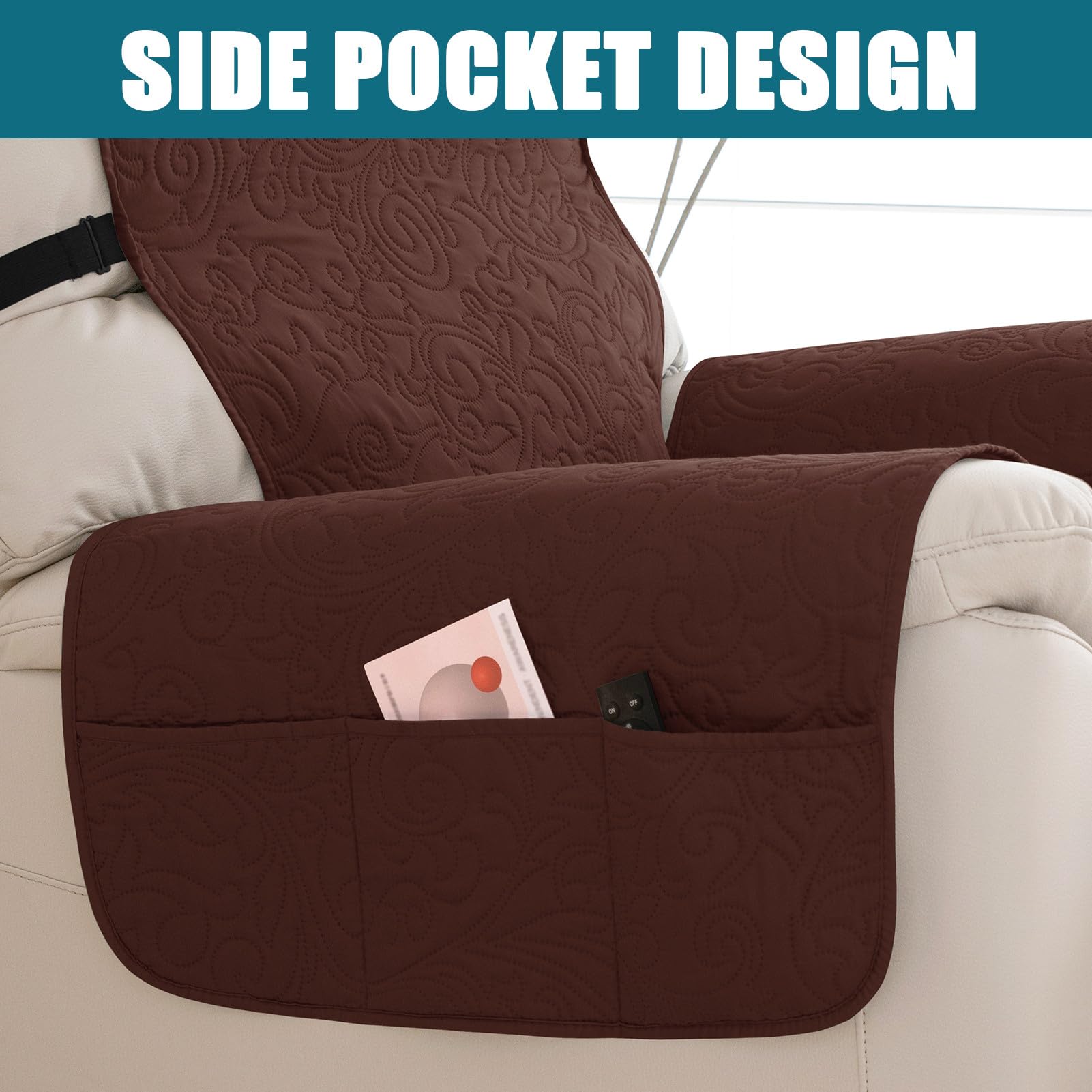 Copripoltrona Reclinabile Impermeabile, Antiscivolo Relax Copripoltrona 1 Posti Con 6 Tasche, Lavabile Antigraffio Copridivano Reclinabile Per Cani Bambini (Marrone Scuro)