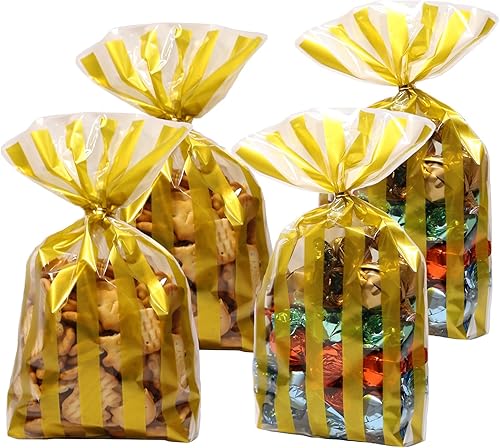 WOKawaiYo HOPEMT - 200 bolsas de plástico translúcidas de rayas doradas/bolsas de celofán con 100 lazos dorados para galletas, pasteles, chocolate,