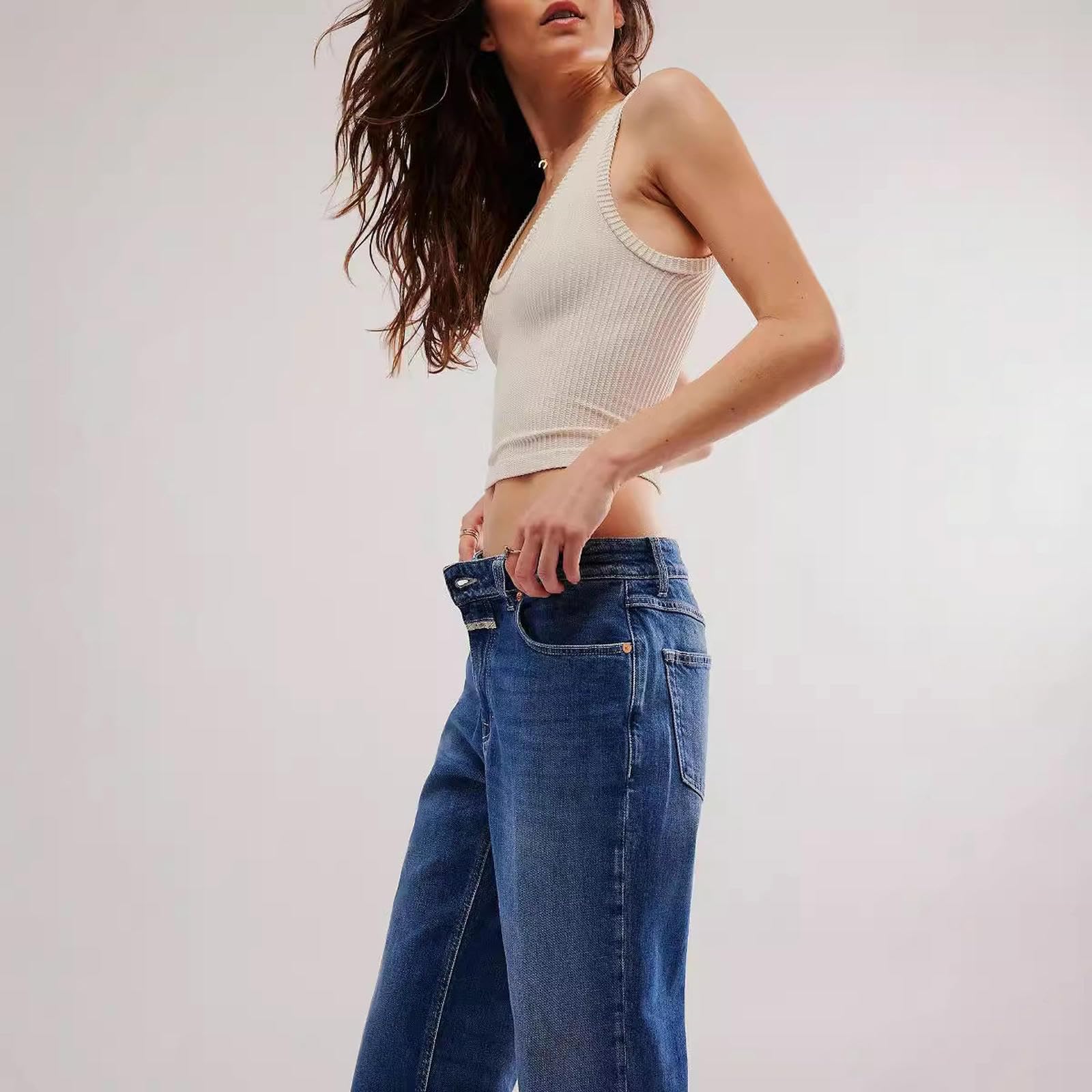 Jeans Donna Larghi da Gamba Dritta Orlo Sfilacciato Larga Jeans-Blu Scuro-l