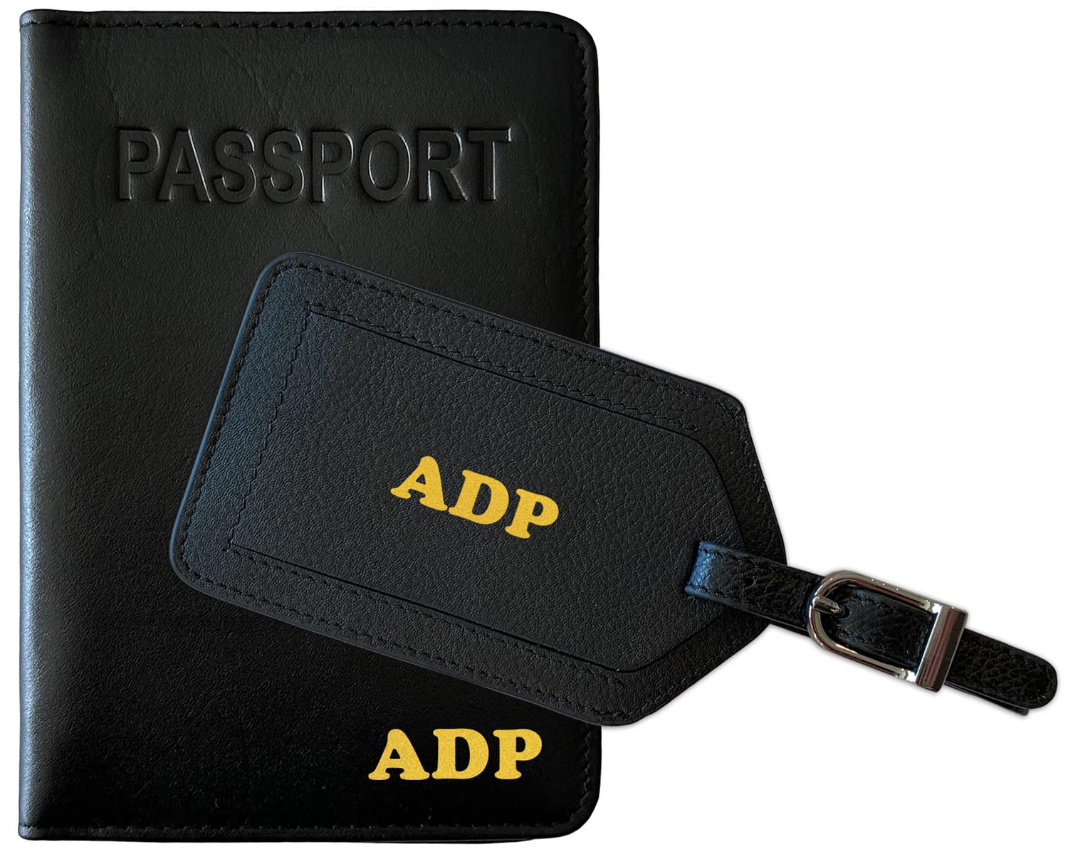 Personalized Monogrammed Black Leather RFID Passport Cover Holder and Luggage Tag