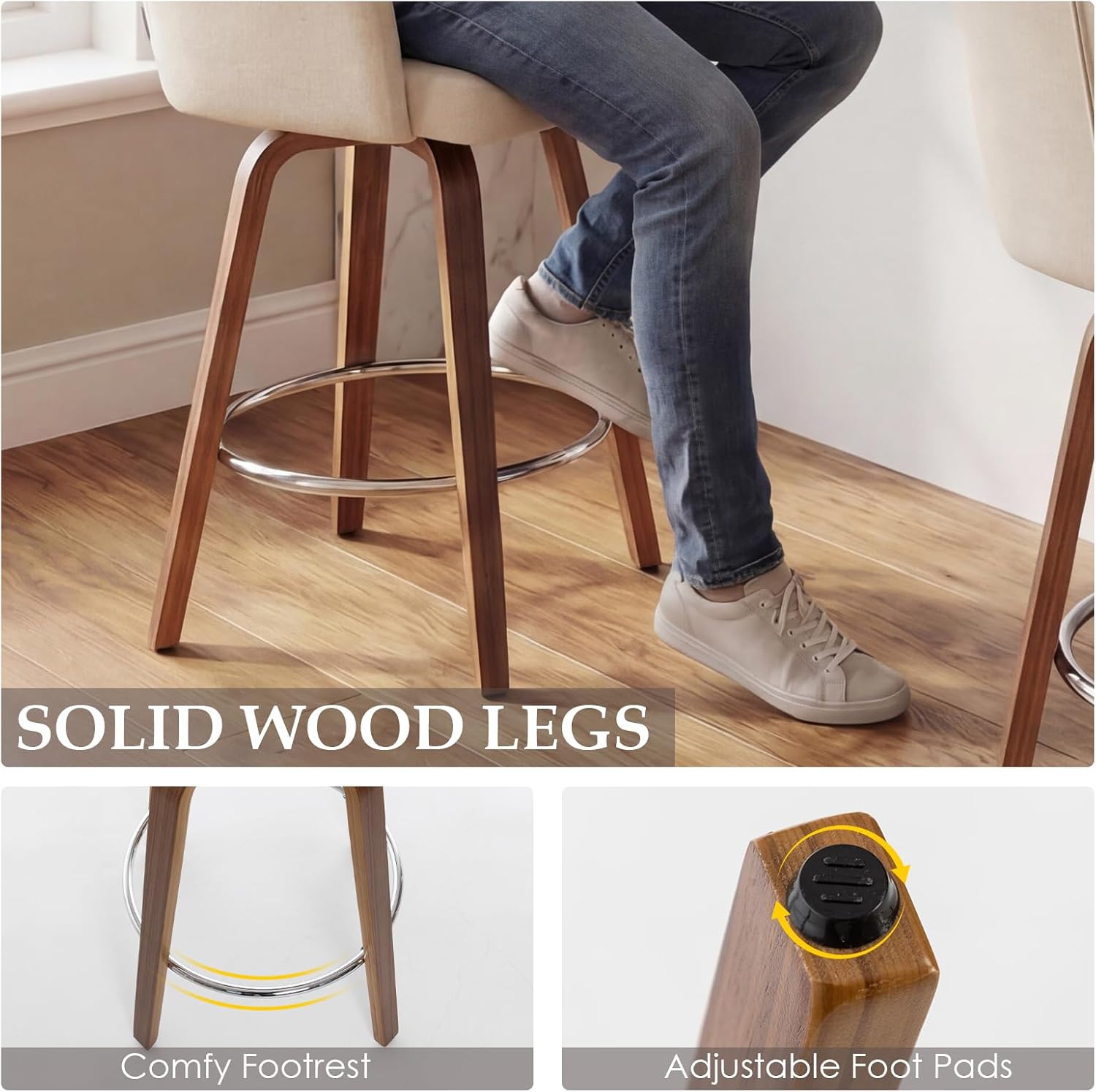 28 Inch Bar Stools Set of 2, Modern Counter Height Swivel Bar Stools with Backs and Arms, Wood Legs and Footrest, Upholstered Pub Off White Bar Chairs Kitchen Island