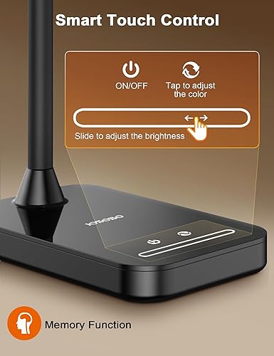 Miniatura 6 de Lámpara de escritorio LED con puerto de carga USB, 5 modos de iluminación y 7 lámparas de mesa regulables de brillo, lámpara de cuello de cisne