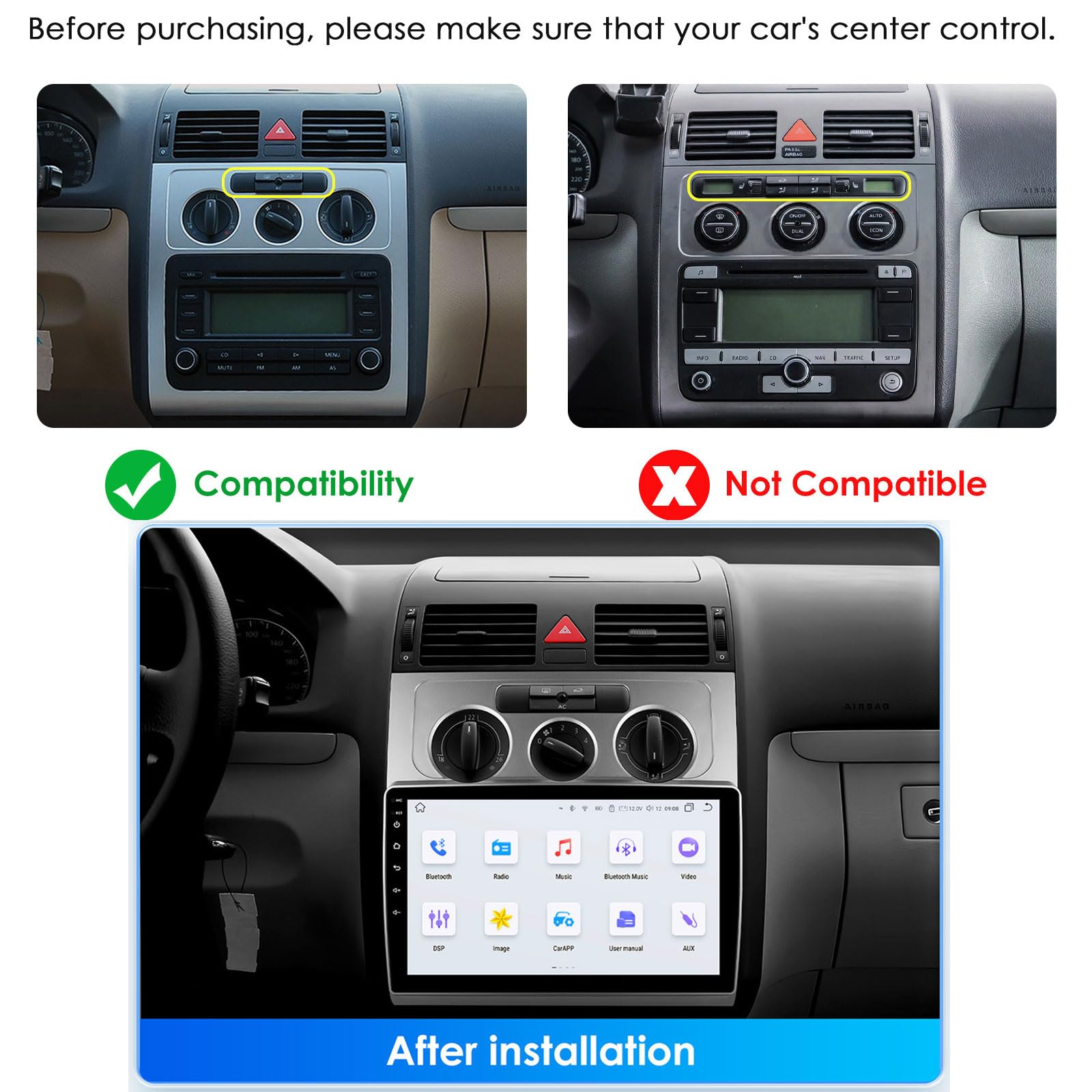 Radio para coche Android 15 para V-W Touran 1 2003-2010 con Carplay inalámbrico Android Auto estéreo de coche con pantalla táctil de 10,1'' con WIFI/GPS/FM RDS/Bluetooth/SWC cámara trasera(Size:M100)