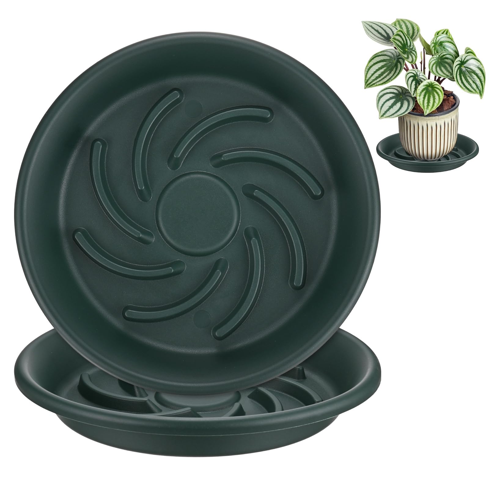 M METERXITY 2-Pack Plant Saucers, 9.4 Inch 24cm ID Anti-Rot Root Resin Flower Pot Plant Saucers for Indoor/Outdoor, Flowerpot Drip Tray [11.8 Inch OD, Dark Green]