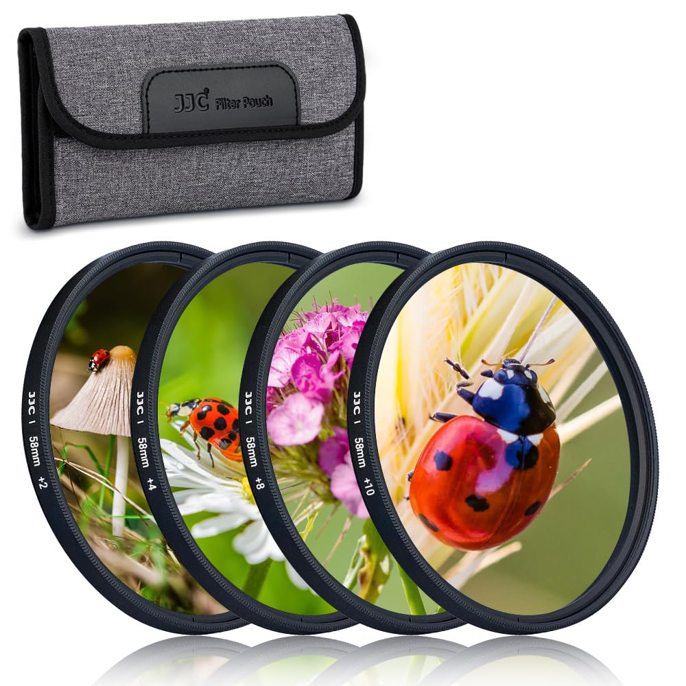 JJC 58mm Close-up Nahlinsen Filter 4 Stück/Set (+2, +4, +8, +10) Makrolinsen Makro Filter für Canon Nikon Sony Olympus Fuji DSLR Kamera Nahaufnahmen Makrofotografie mit Filtertasche