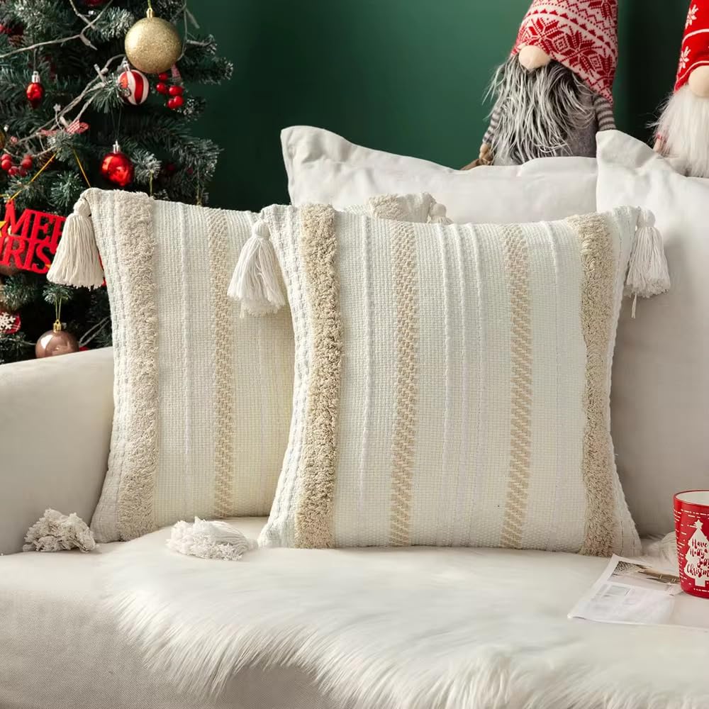 Anything 4 you Boho Throw Pillow Covers Set of 2-45 x 45 cm (18 x 18 inch) - Cushion Covers with Tassels & Hidden Zipper - Ideal for Sofas, Beds and Chairs (Boho Cream)