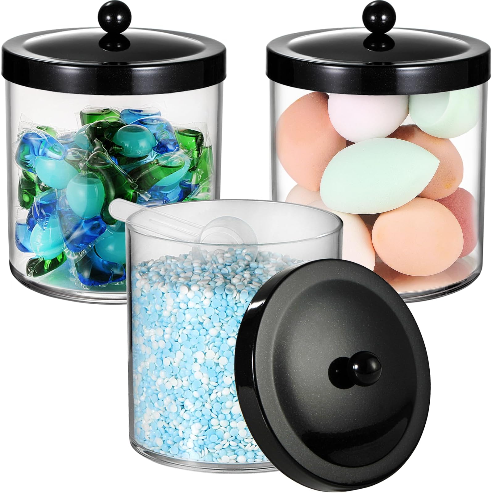 3 Pack 50 Oz Large Plastic Apothecary Jar with Black Stainless Steel Lid - Shatterproof Laundry Pods Container - Modern Industrial Bathroom & Kitchen Storage Organizer for Scent Beads, Bath Bombs