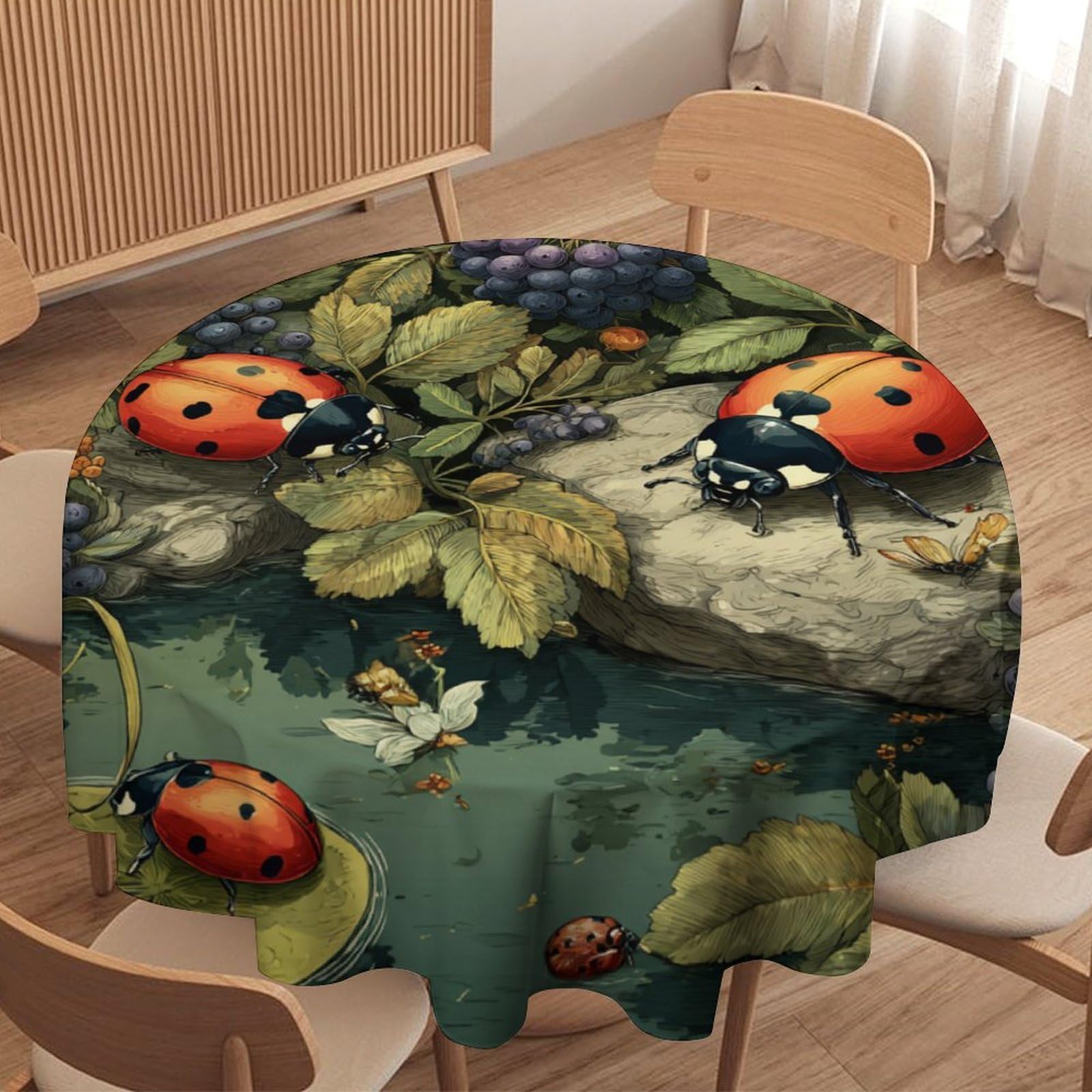 LUYYSKY Beautiful Realistic Cute Ladybug Round Tablecloth Modern Art Spring Garden Botanical Daisies Flowers Washable Decor for Table Cover for Kitchen-177.8" Wx177.8 L cm