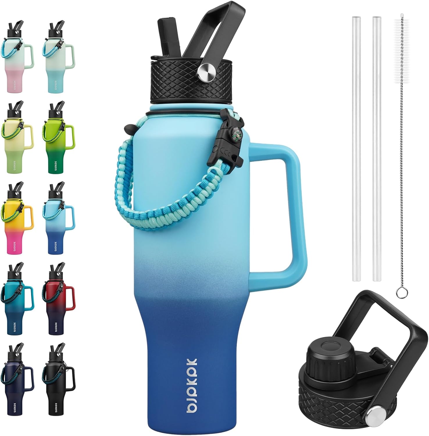 BJPKPK Insulated Water Bottles with Straw Lid, 35oz Metal Water Bottle with 2 lids & Paracord Strap, Double Wall Stainless Steel Tumbler with Handle, Reusable Cups, Mugs, Thermo, Sky
