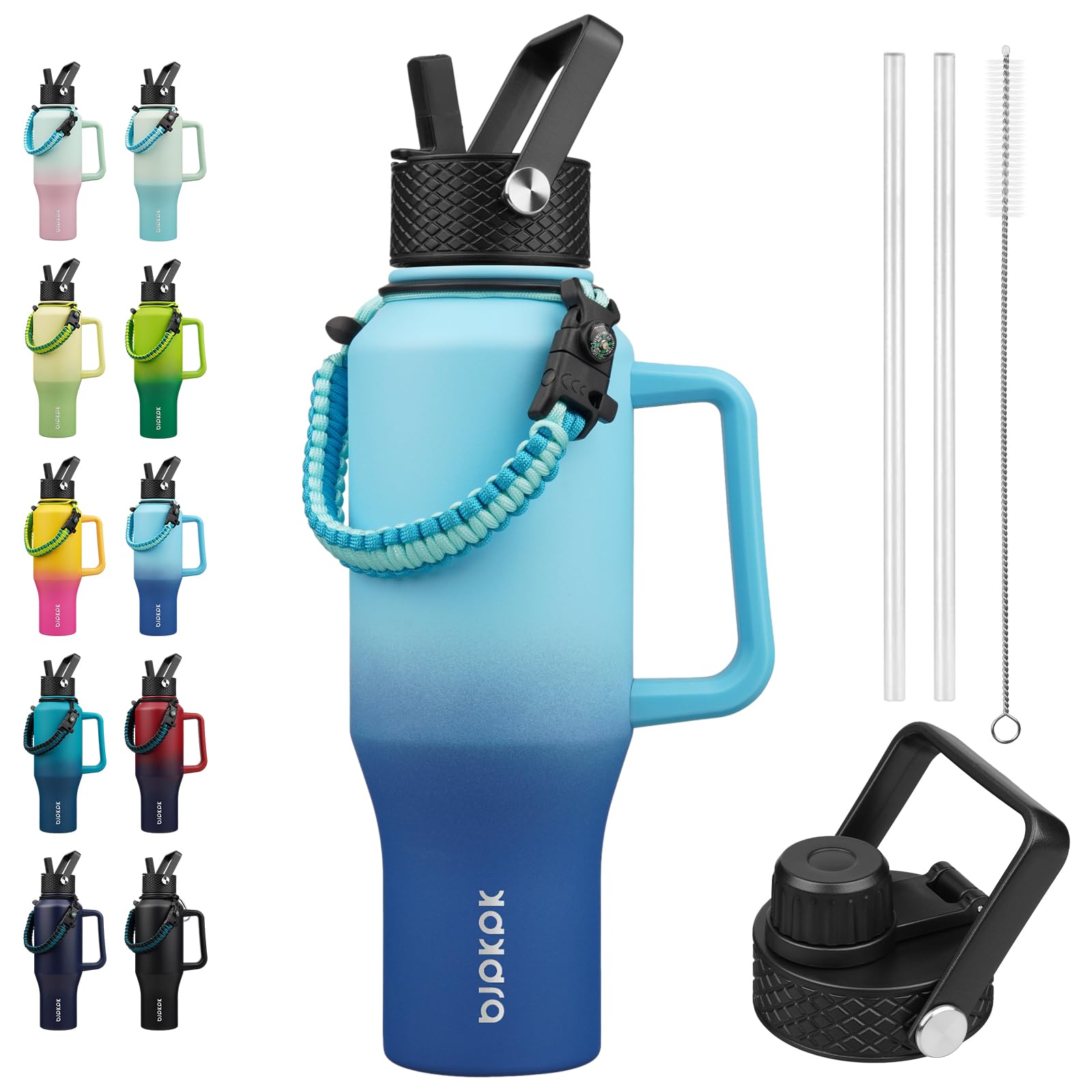 BJPKPK Insulated Water Bottles with Straw Lid, 35oz Metal Water Bottle with 2 lids & Paracord Strap, Double Wall Stainless Steel Tumbler with Handle, Reusable Cups, Mugs, Thermos, Sky