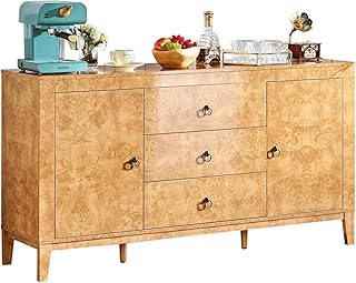 AMERLIFE 60" High Gloss Burl Buffet Sideboard Storage Cabinet, Large Wood Sideboard with Drawers, Retro Handles, Heavy Duty Coffee Wine Bar Buffet Table for Dining Room, Living Room, Yellow